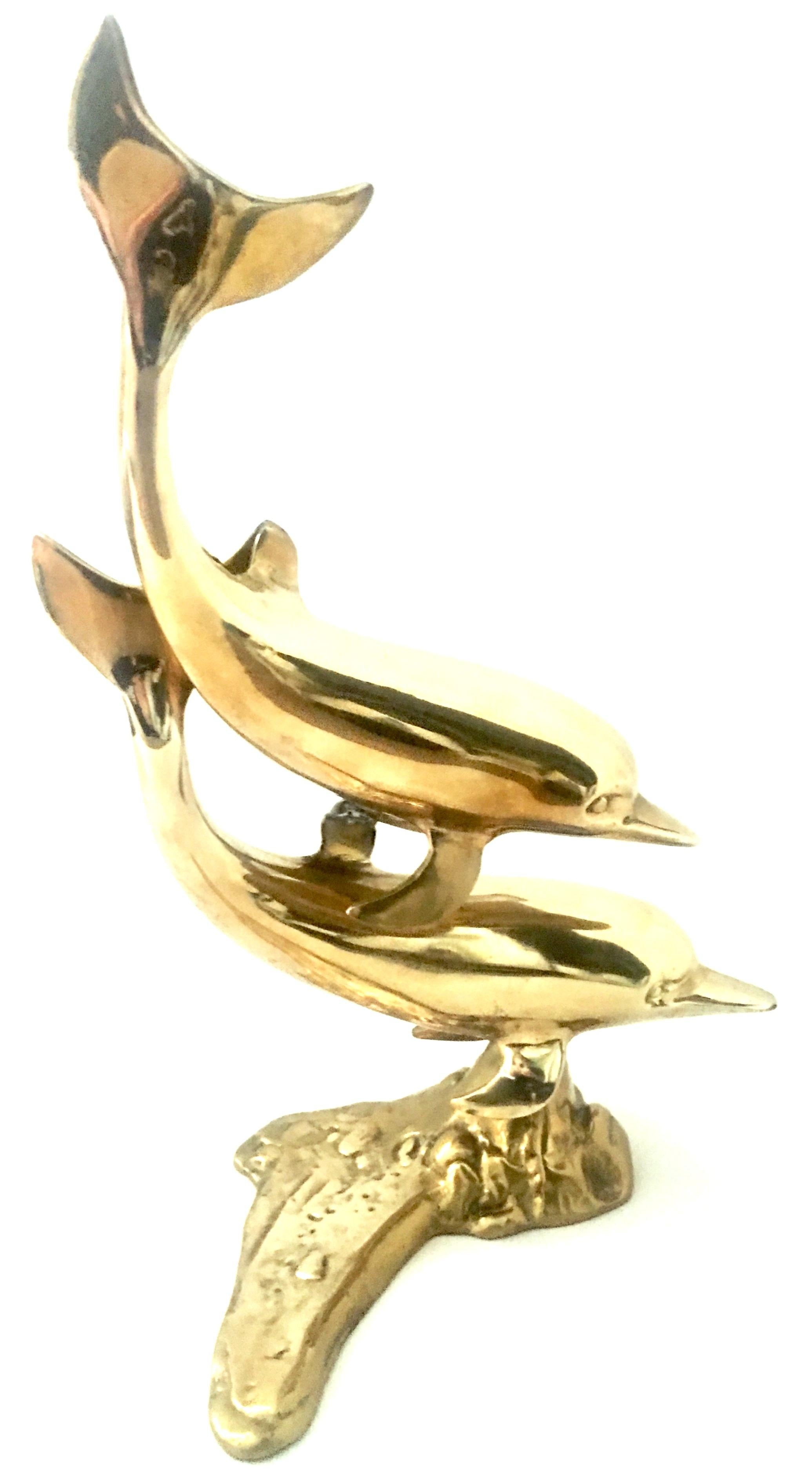 Asian 20th Century Large Scale Polished Brass Double Dolphin Sculpture For Sale