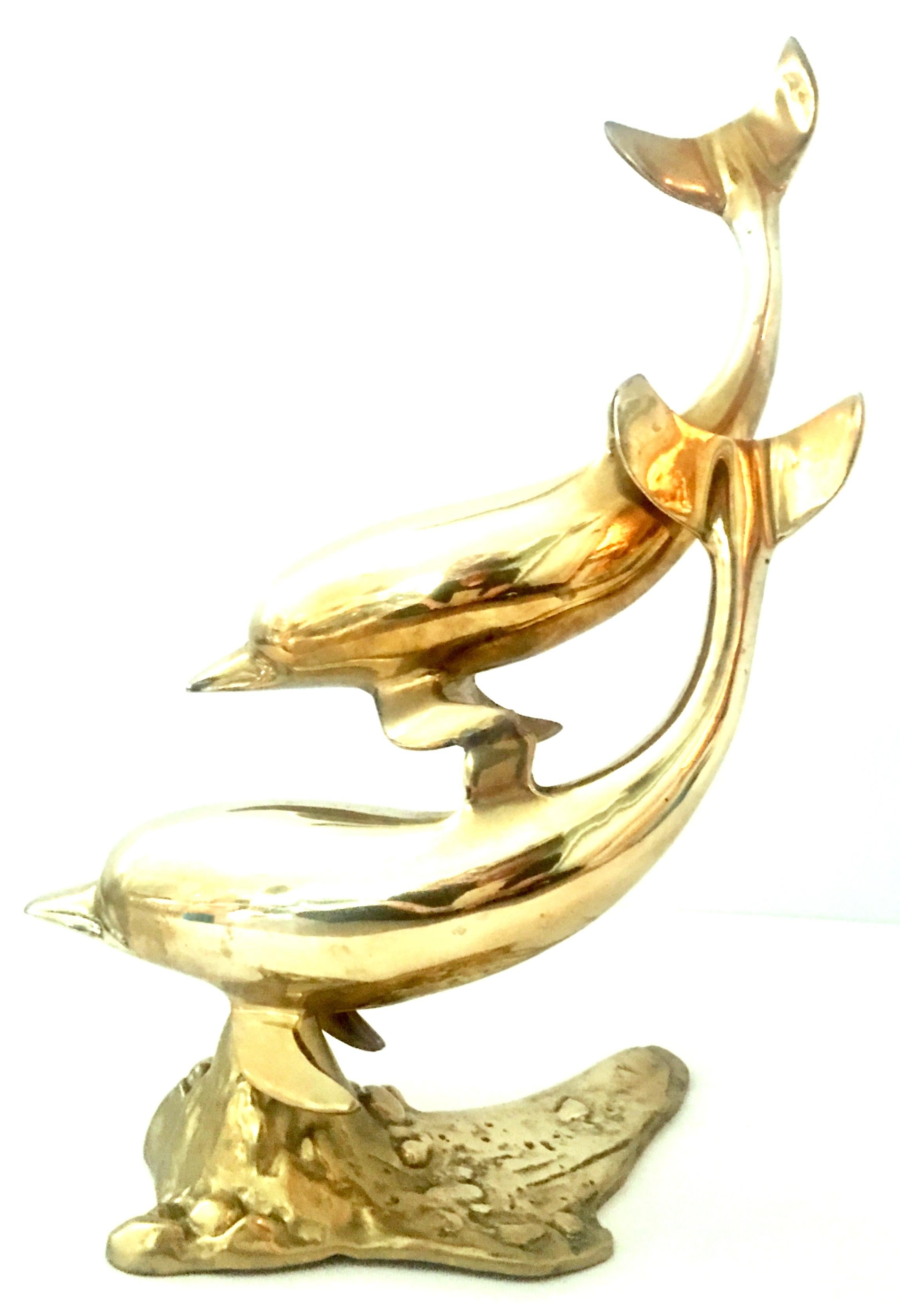 20th Century Large Scale Polished Brass Double Dolphin Sculpture In Good Condition For Sale In West Palm Beach, FL