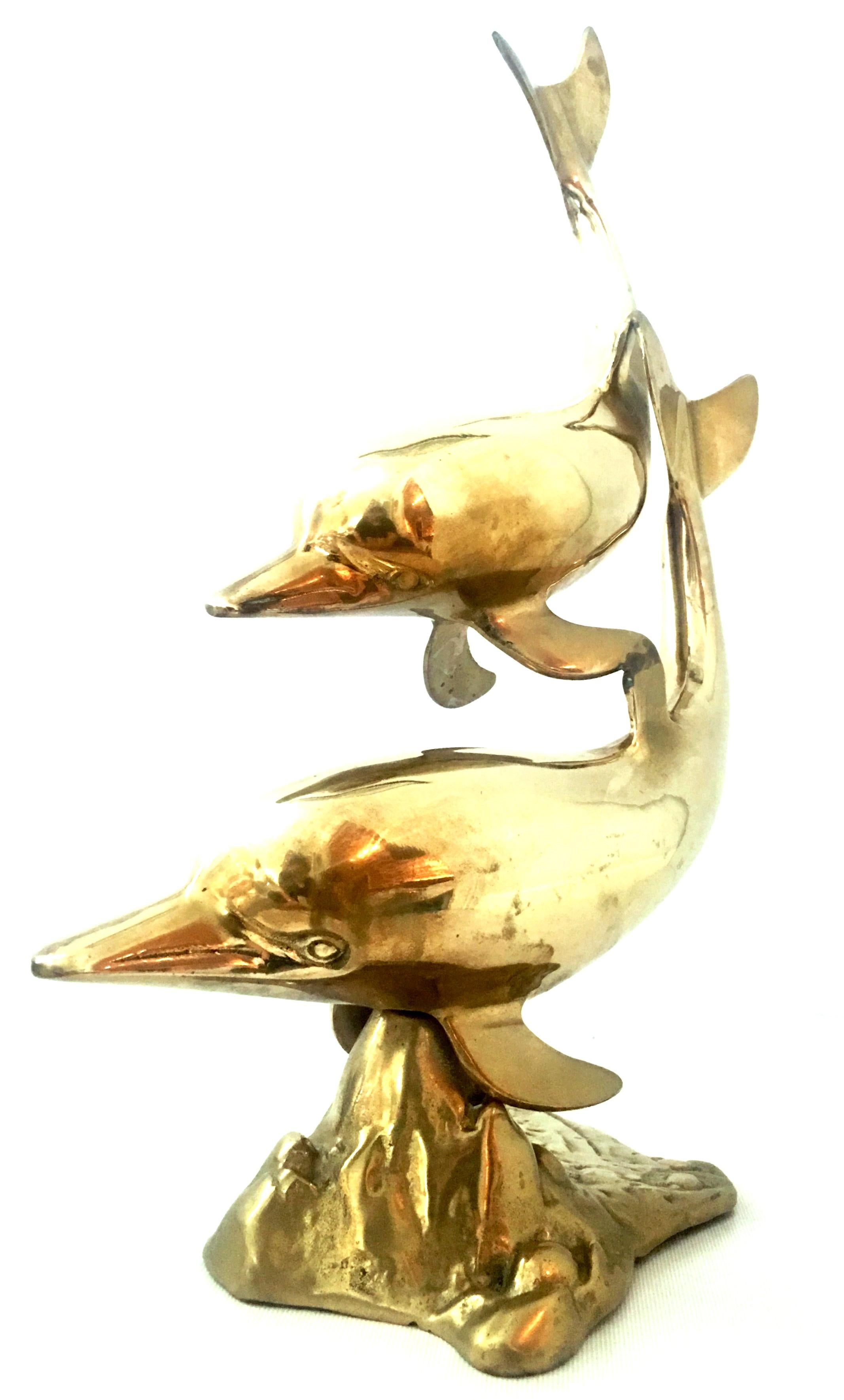 20th Century Large Scale Polished Brass Double Dolphin Sculpture For Sale 1