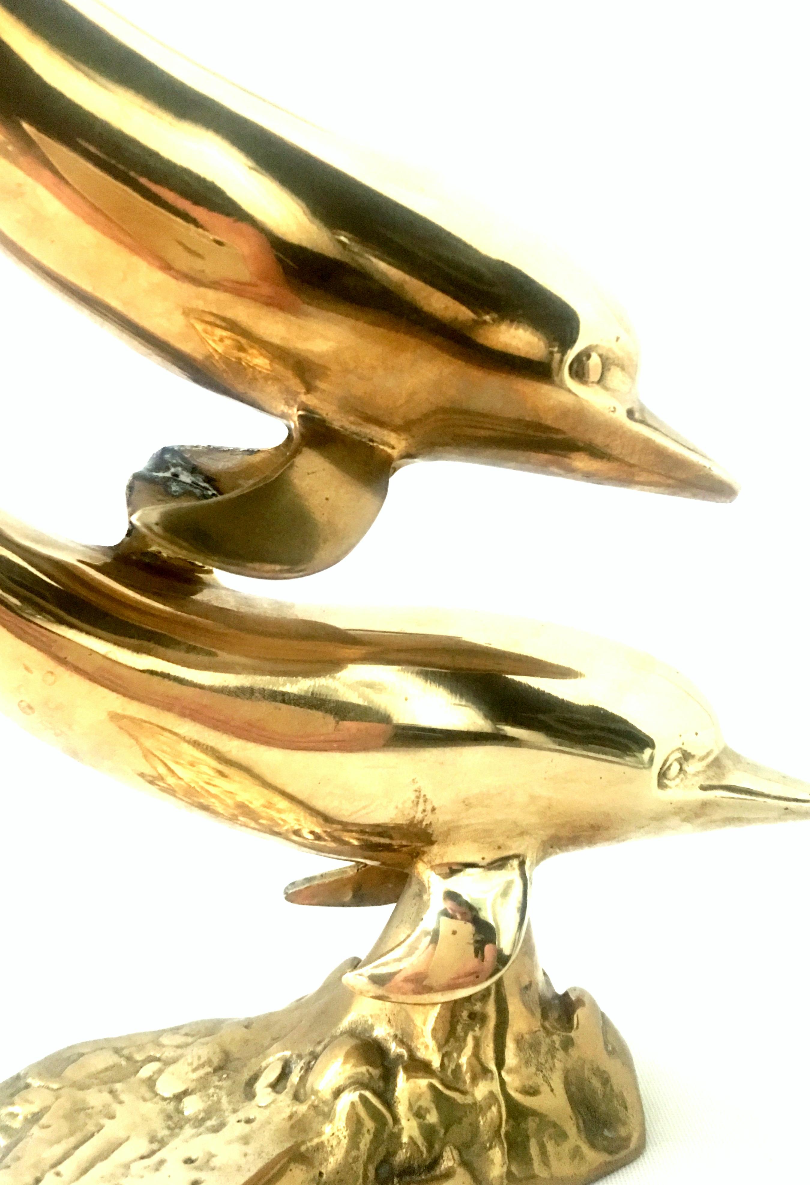 20th Century Large Scale Polished Brass Double Dolphin Sculpture For Sale 3