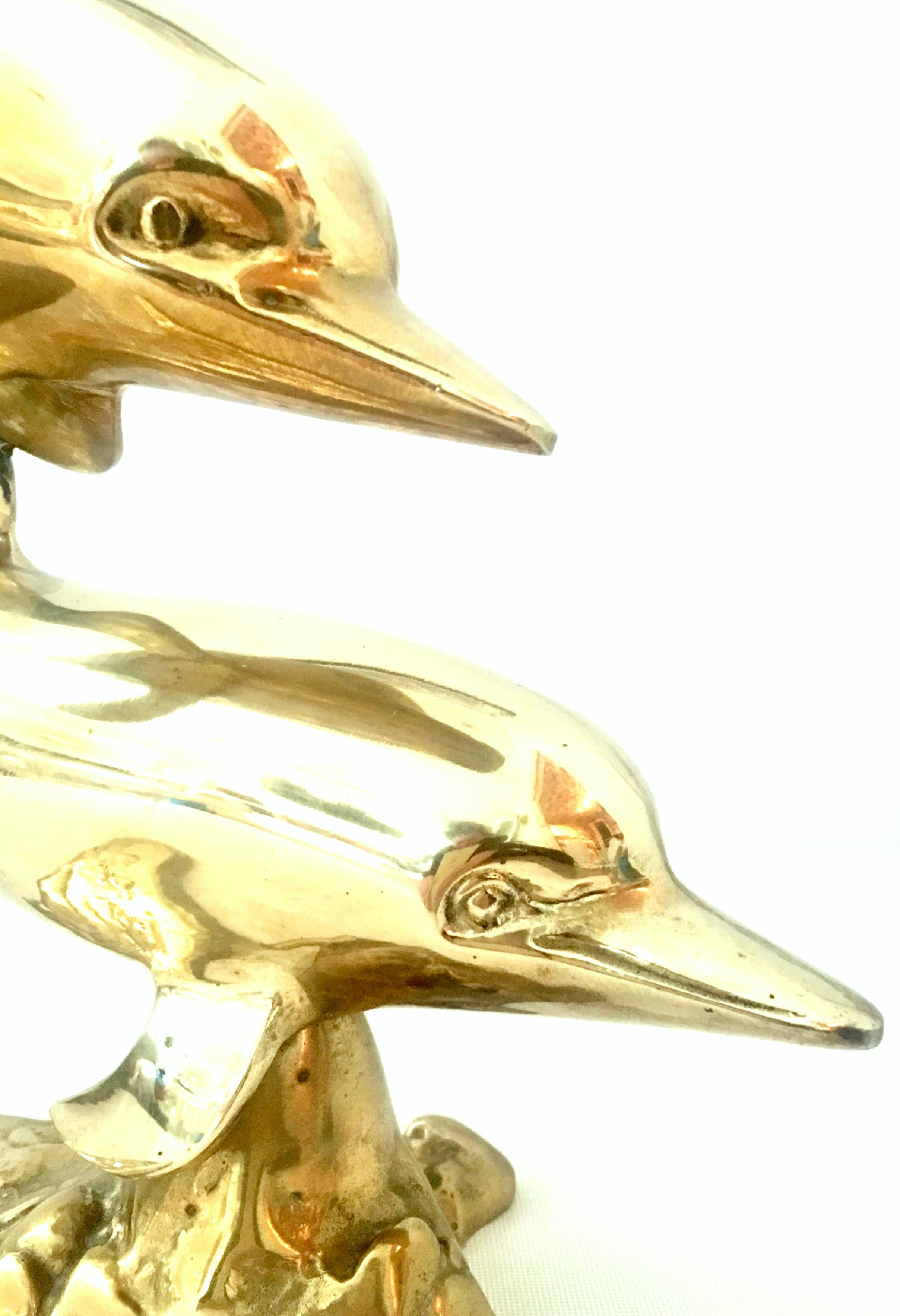 20th Century Large Scale Polished Brass Double Dolphin Sculpture For Sale 4