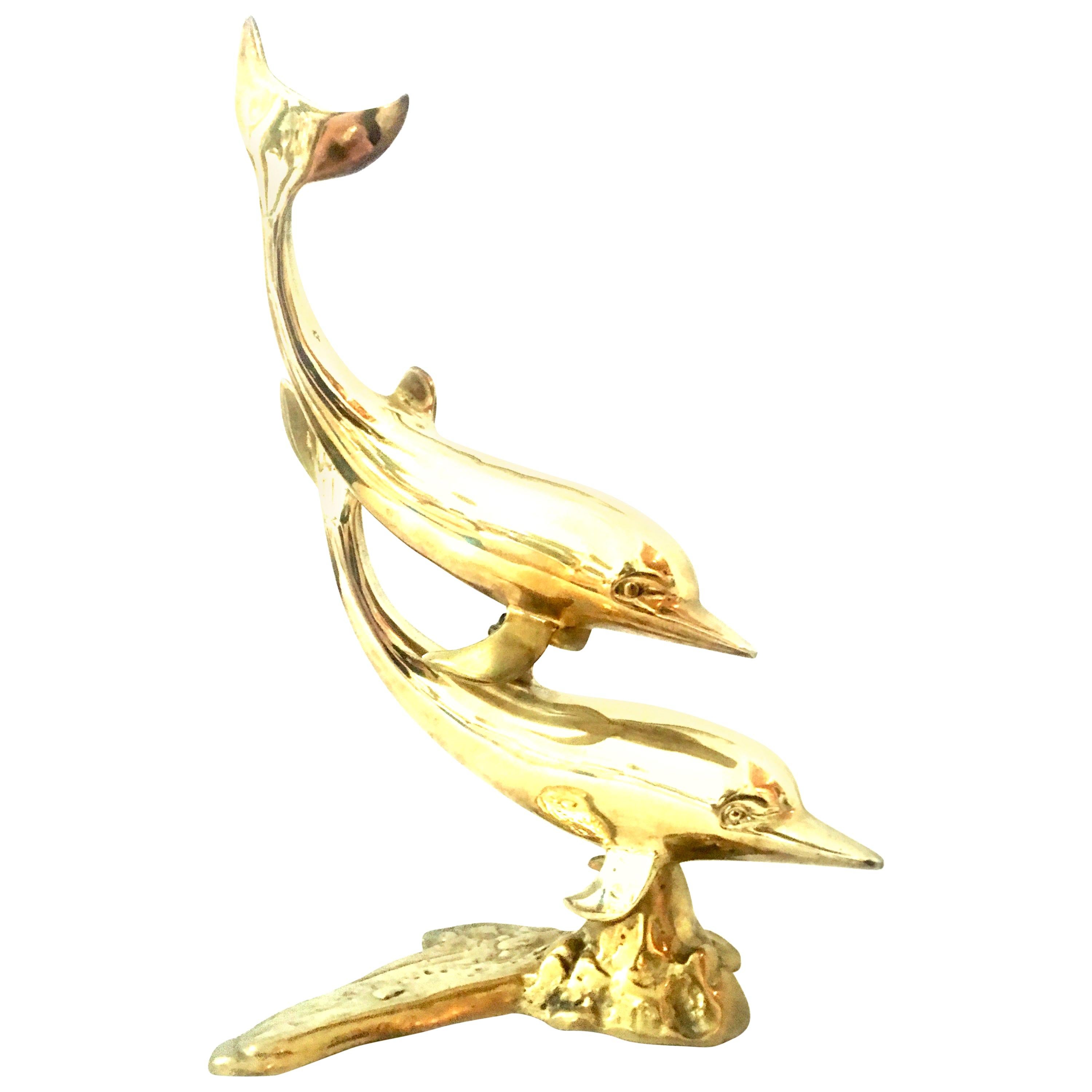 20th Century Large Scale Polished Brass Double Dolphin Sculpture For Sale