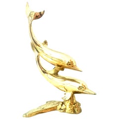 20th Century Large Scale Polished Brass Double Dolphin Sculpture