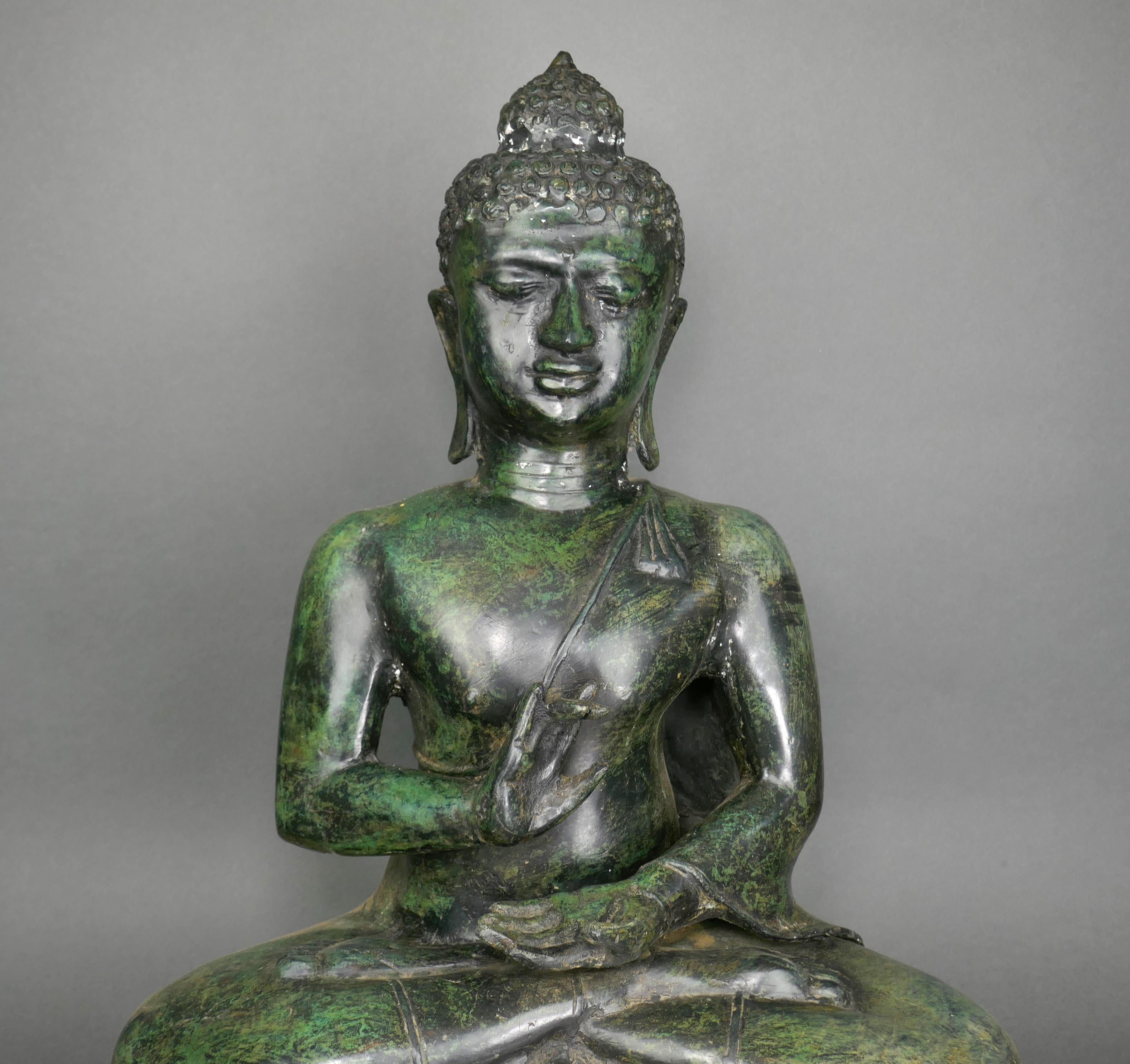 Mid-Century Modern 20th Century Large Thai Cast Bronze Buddha Garden Statue Verdigris Finish For Sale