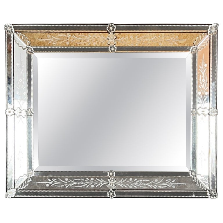 20th Century Large Venetian Mirror with Floral Engraved Glass Frame For Sale