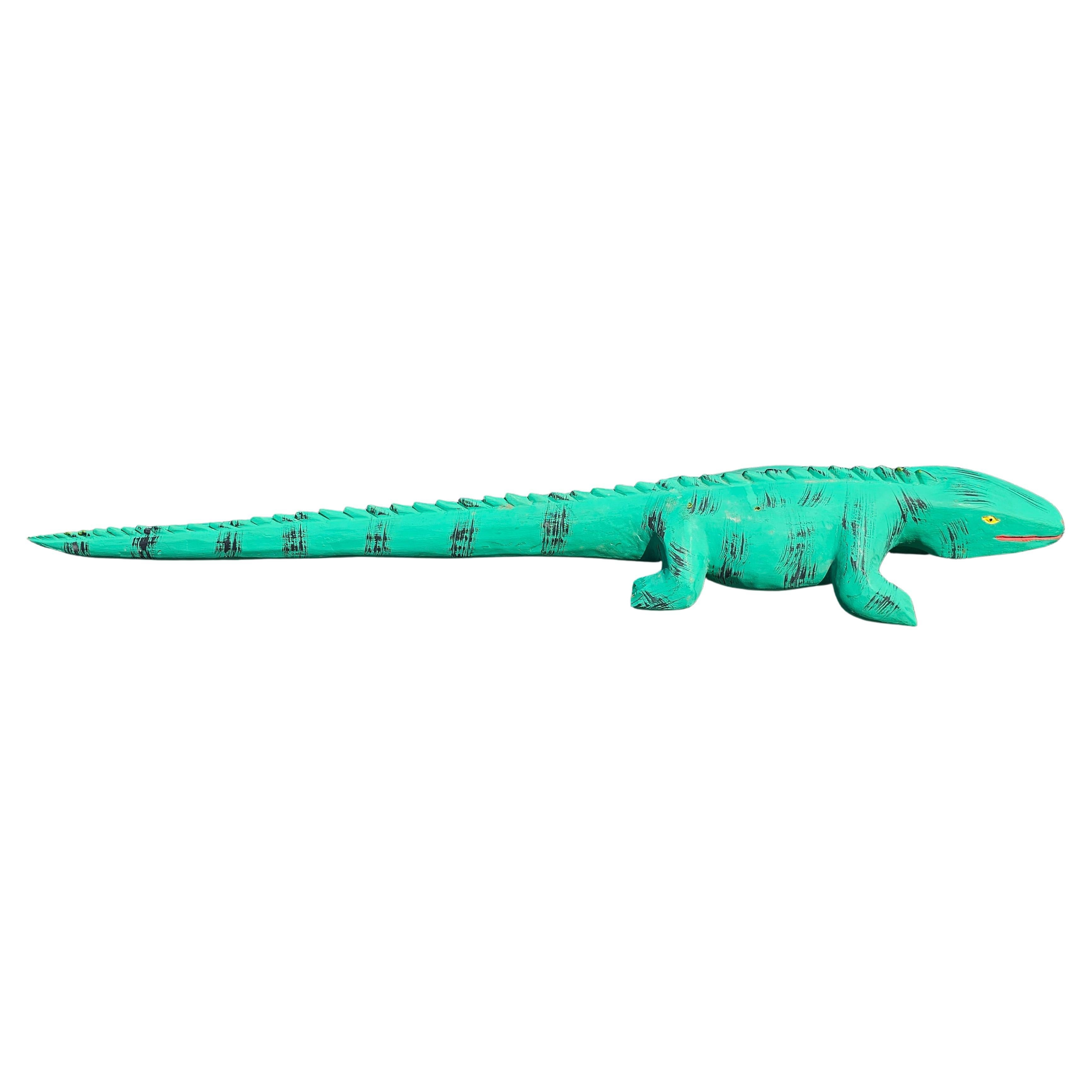20th Century Large Wooden Painted Sculpture Figure of a Chameleon