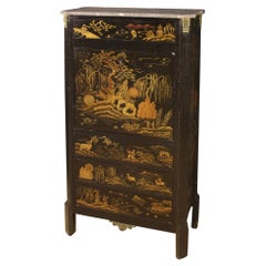 Antique 20th Century Lcquered Chinoiserie Wood with Marble Top French Secrétaire, 1920