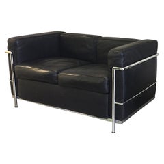 20th Century Le Corbusier Style Black Leather Settee, 2 Available