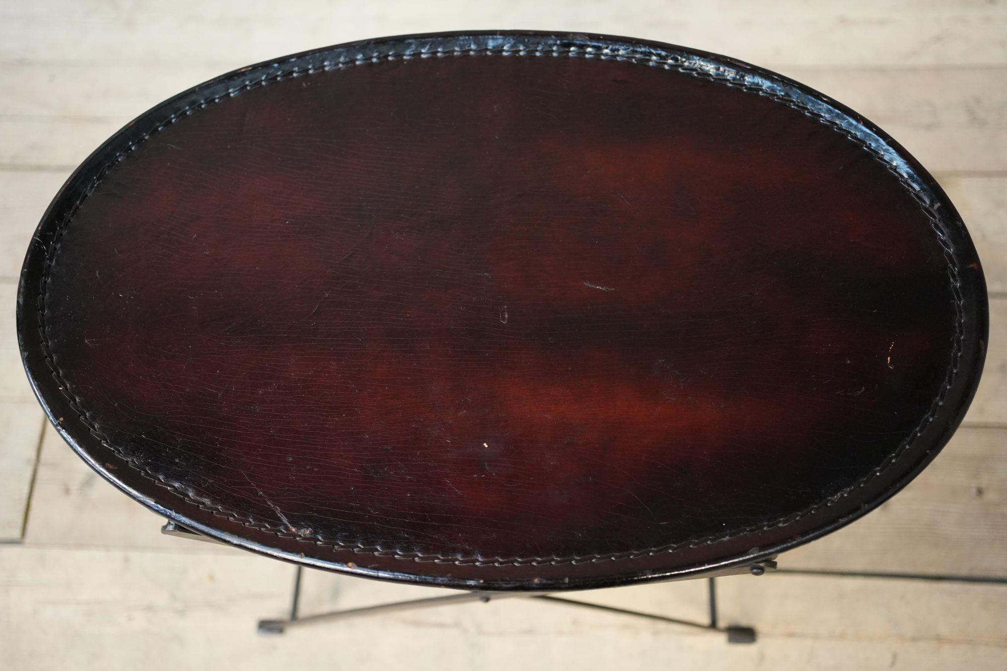 Metal 20th century leather and metal folding drinks table For Sale