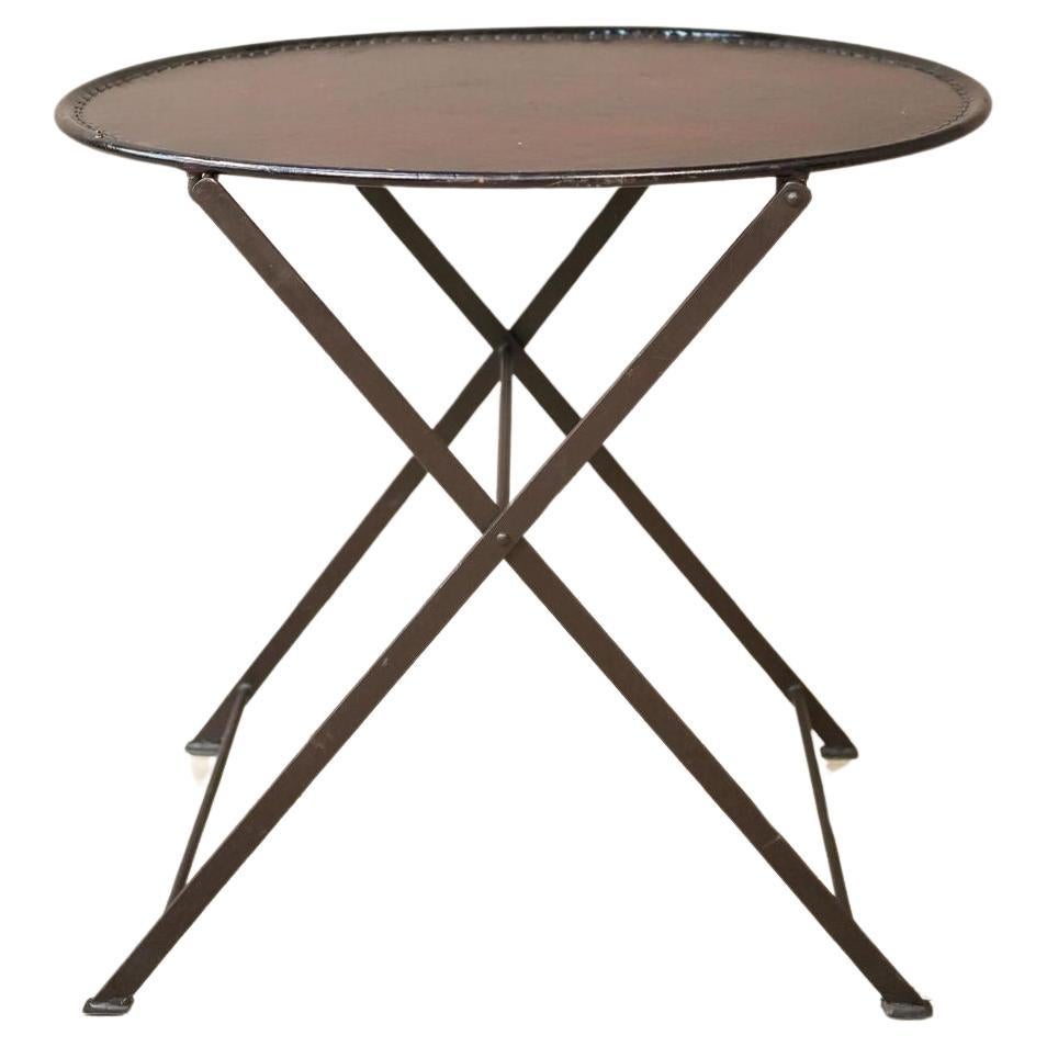 20th century leather and metal folding drinks table For Sale