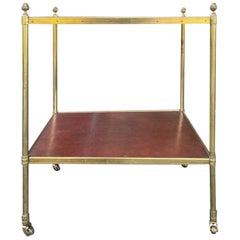 20th Century Leather & Brass Two-Tier Rectangular Side Table, Pineapple Finials
