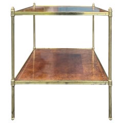 20th Century Leather and Brass Two-Tier Square Side Table with Tooling