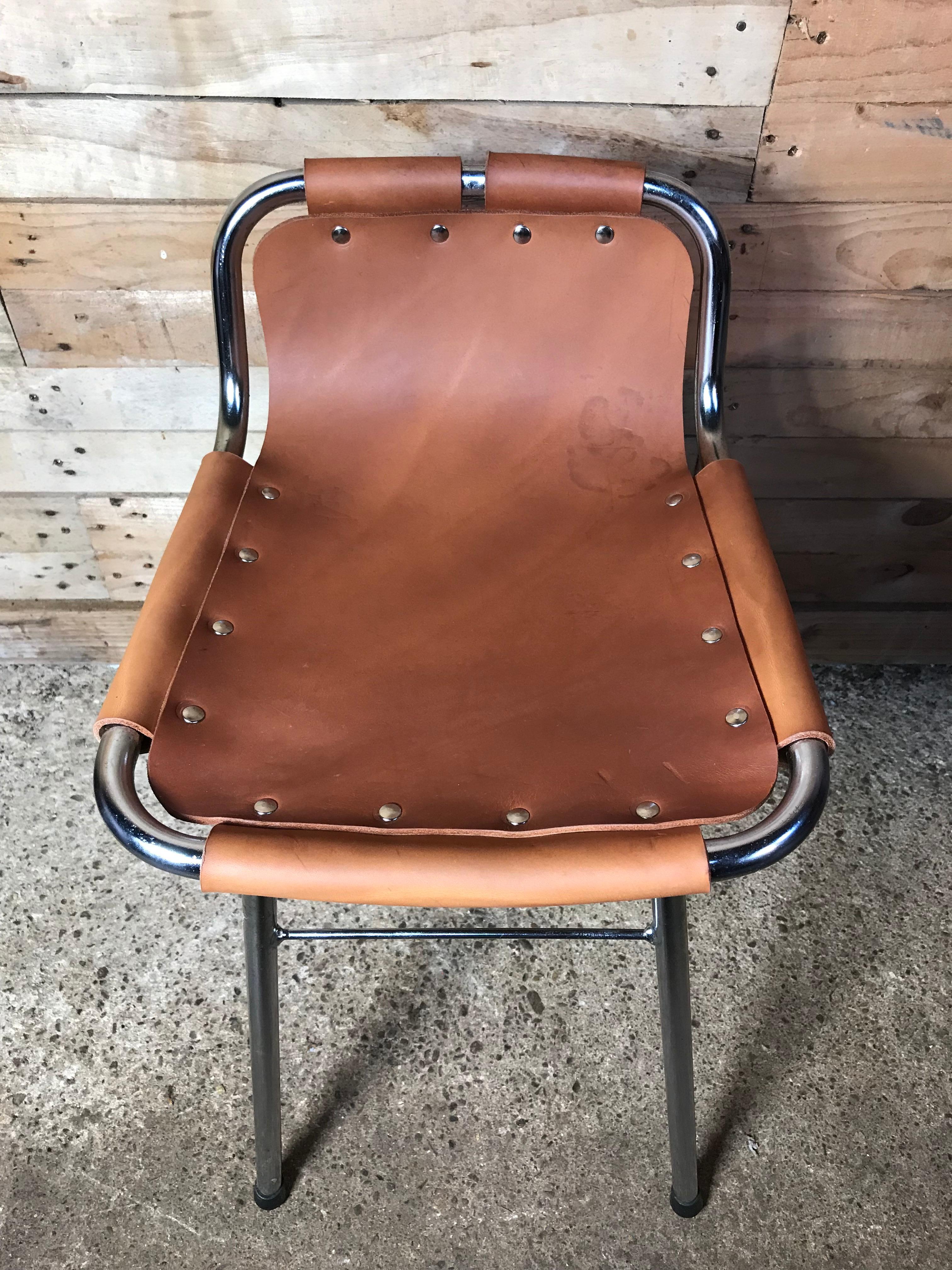 Metal 20th Century Leather Charlotte Perriand Stool for Les Arcs, 1960
