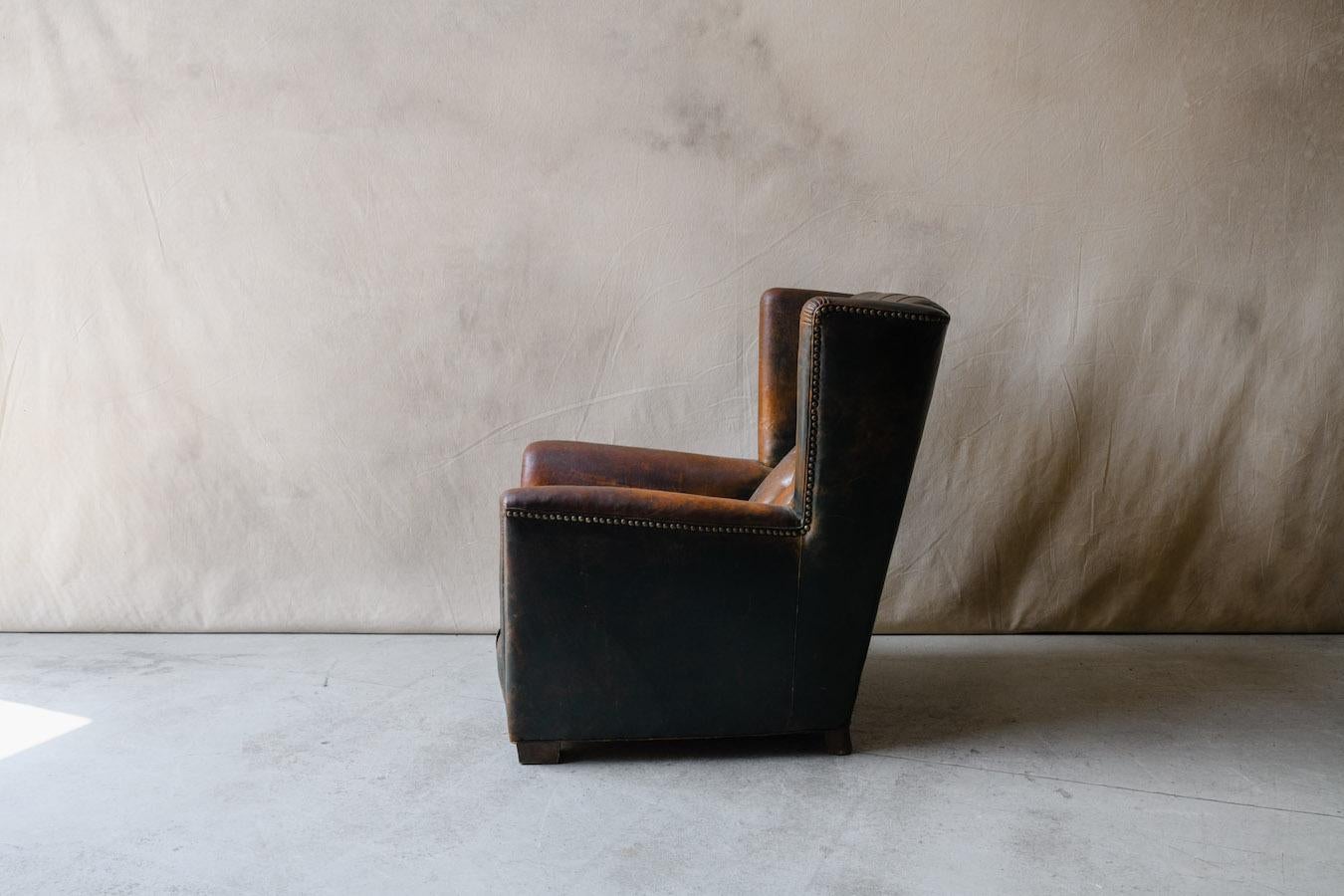 20th Century Leather Wingback Chair From Denmark, circa 1940 1
