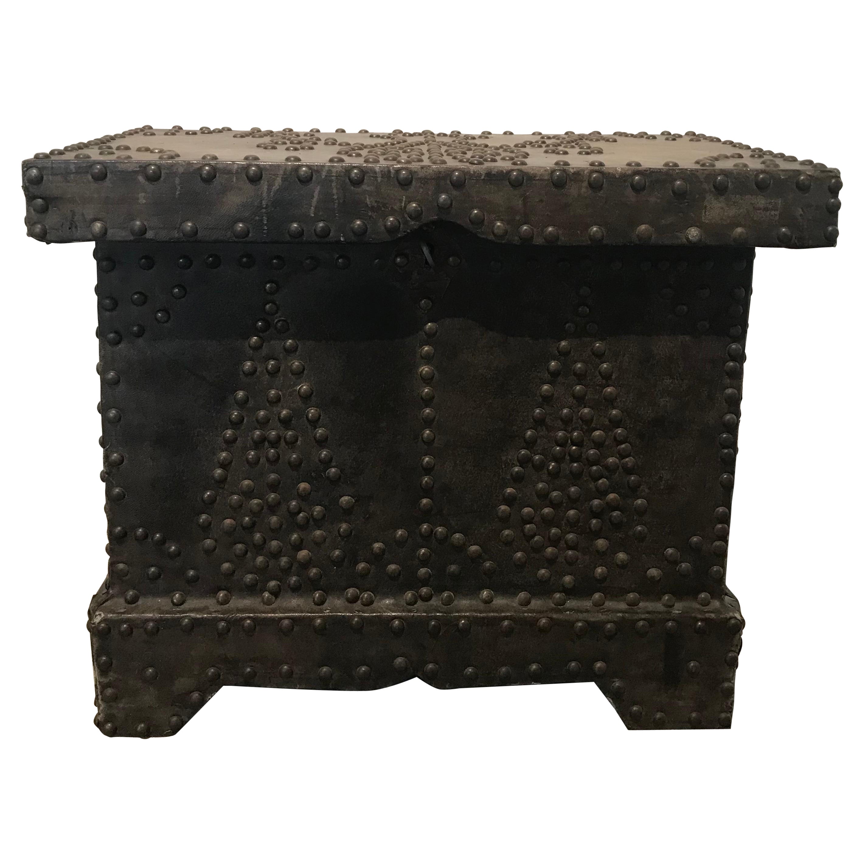 20th Century Leather/Wood Studded Metal Trunk/Side Table
