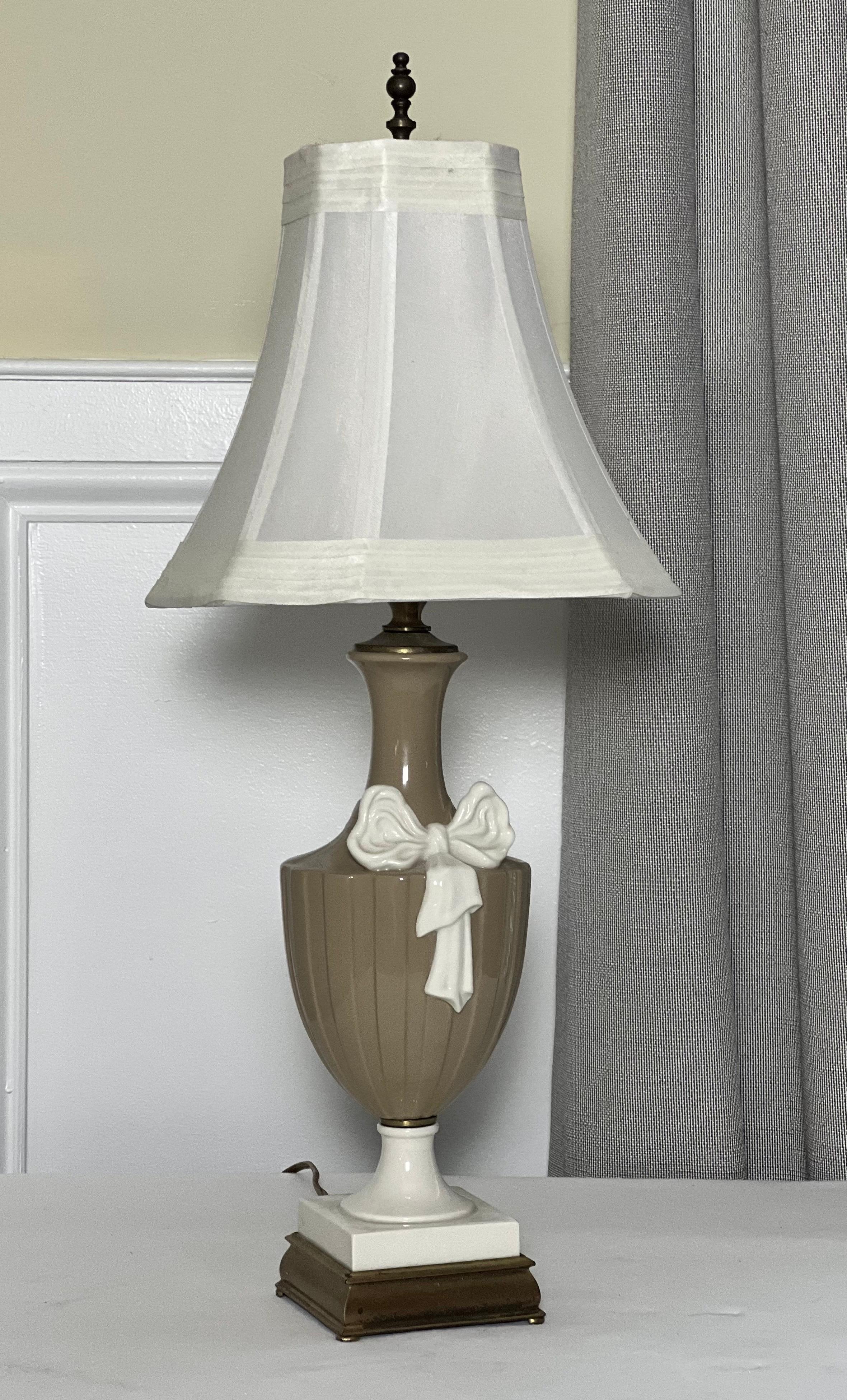20th Century Lenox Porcelain Lamps in Taupe and White by Dav Art, NY, Pair For Sale 2