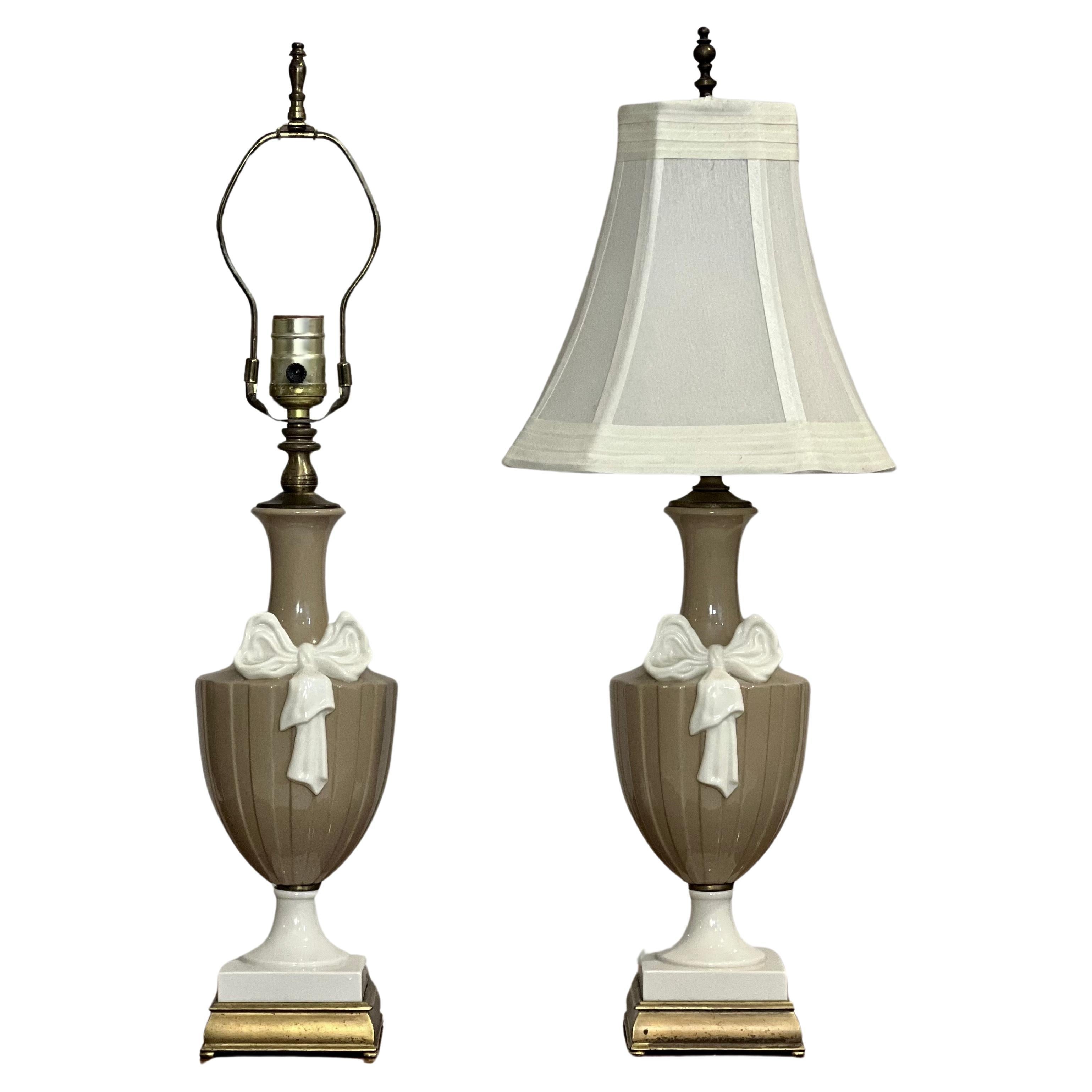 20th Century Lenox Porcelain Lamps in Taupe and White by Dav Art, NY, Pair For Sale