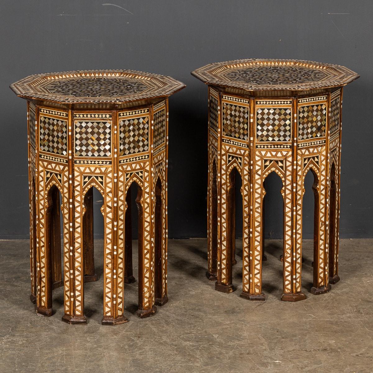 A pair of early 20th Century levantine inlaid tables from the 1930's. Handmade in hard wood with intricate inlaid moorish patterns of mother of pearl and camel bone. A rich patina of age adds to the beauty of this pair.

CONDITION
In Good Condition