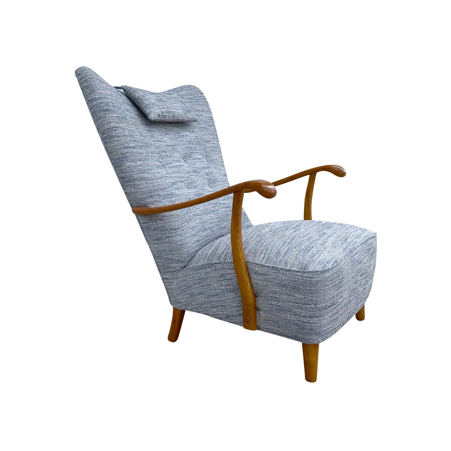 Mid-Century Modern 20th Century Blue-Grey Danish Single Walnut Armchair, Vintage Scandinavian Chair For Sale