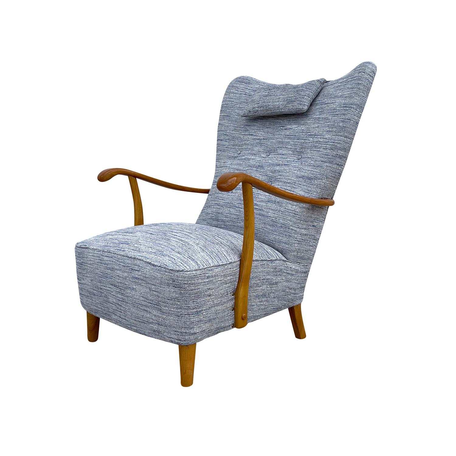 Hand-Carved 20th Century Blue-Grey Danish Single Walnut Armchair, Vintage Scandinavian Chair For Sale