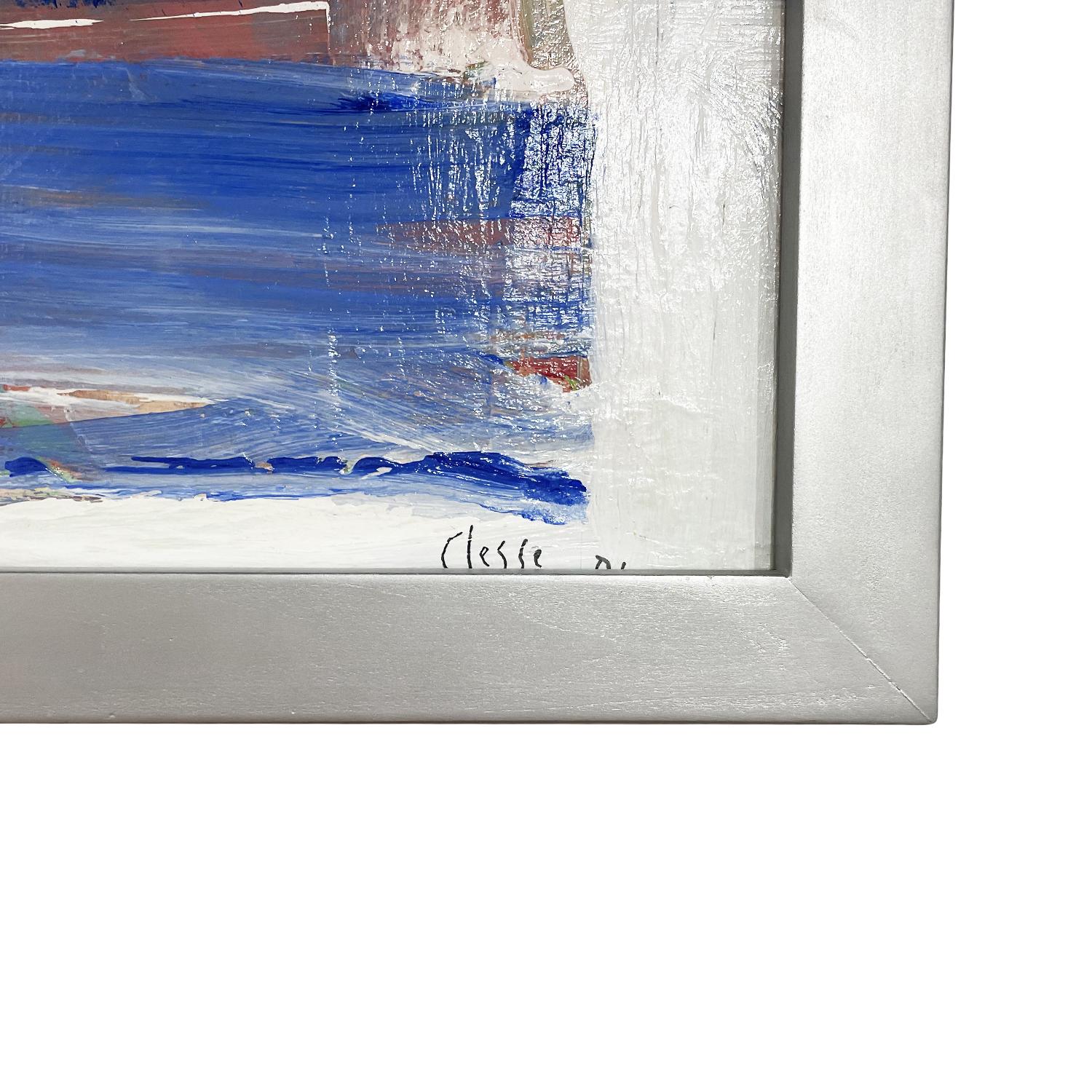 A French light blue white abstract painting oil on wood by Daniel Clesse, painted in France, signed and dated in 1991.

Without the frame: 40