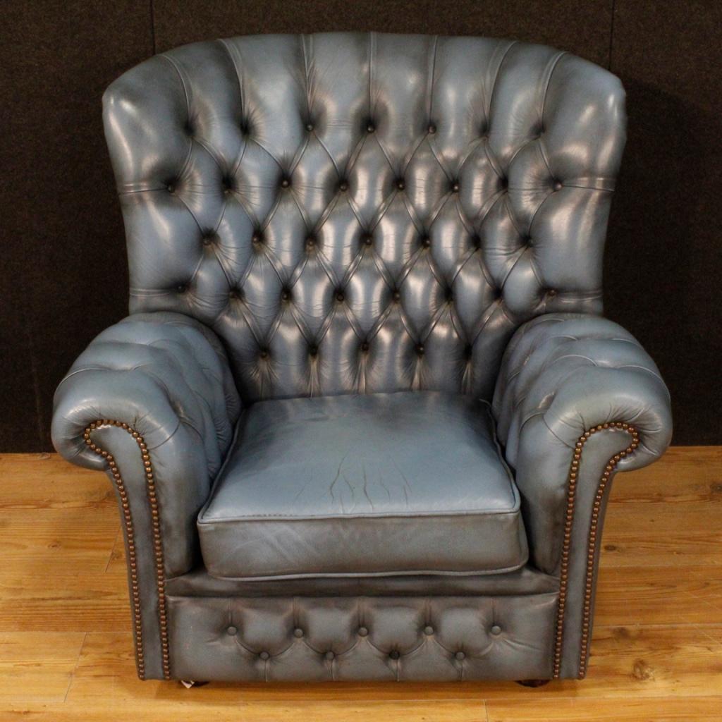 20th Century Light Blue Leather English Armchair, 1970 8