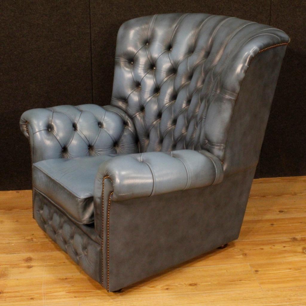 20th Century Light Blue Leather English Armchair, 1970 1