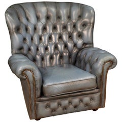 20th Century Light Blue Leather English Armchair, 1970