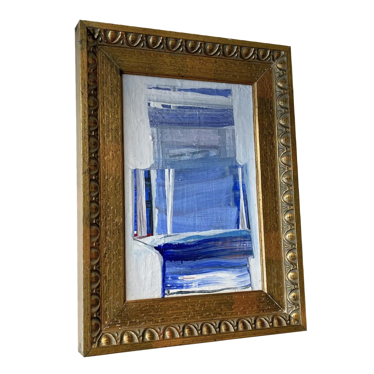 A light-blue, vintage Mid-Century Modern French abstract oil on wood painting, painted by Daniel Clesse in good condition. Signed on the lower right. Wear consistent with age and use. Dated 1991, Paris, France.

Without the frame: 15.75