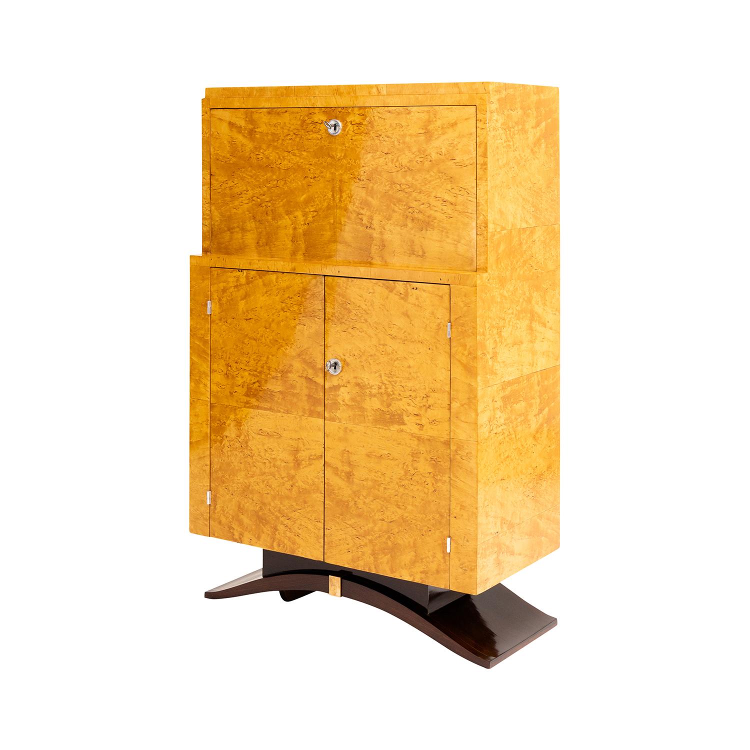Metal 20th Century French Art Deco Birchwood Secretaire - Vintage Burlwood Cabinet For Sale
