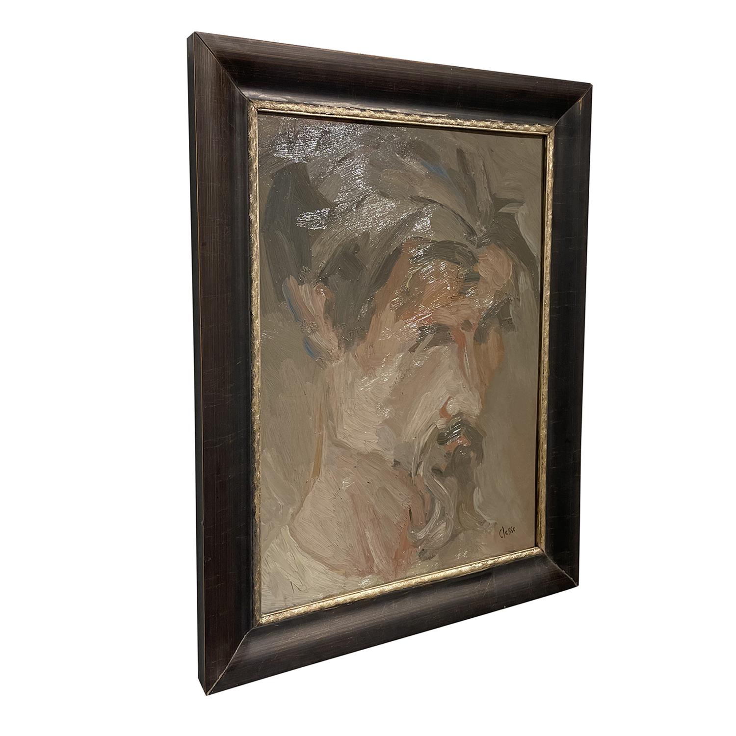 A light-brown, vintage Mid-Century modern French self-portrait oil on cardboard painting of Daniel Clesse, in good condition. Signed on the lower right. Wear consistent with age and use. Circa 1960 - 1970, Paris, France.

Without the frame: 21.5