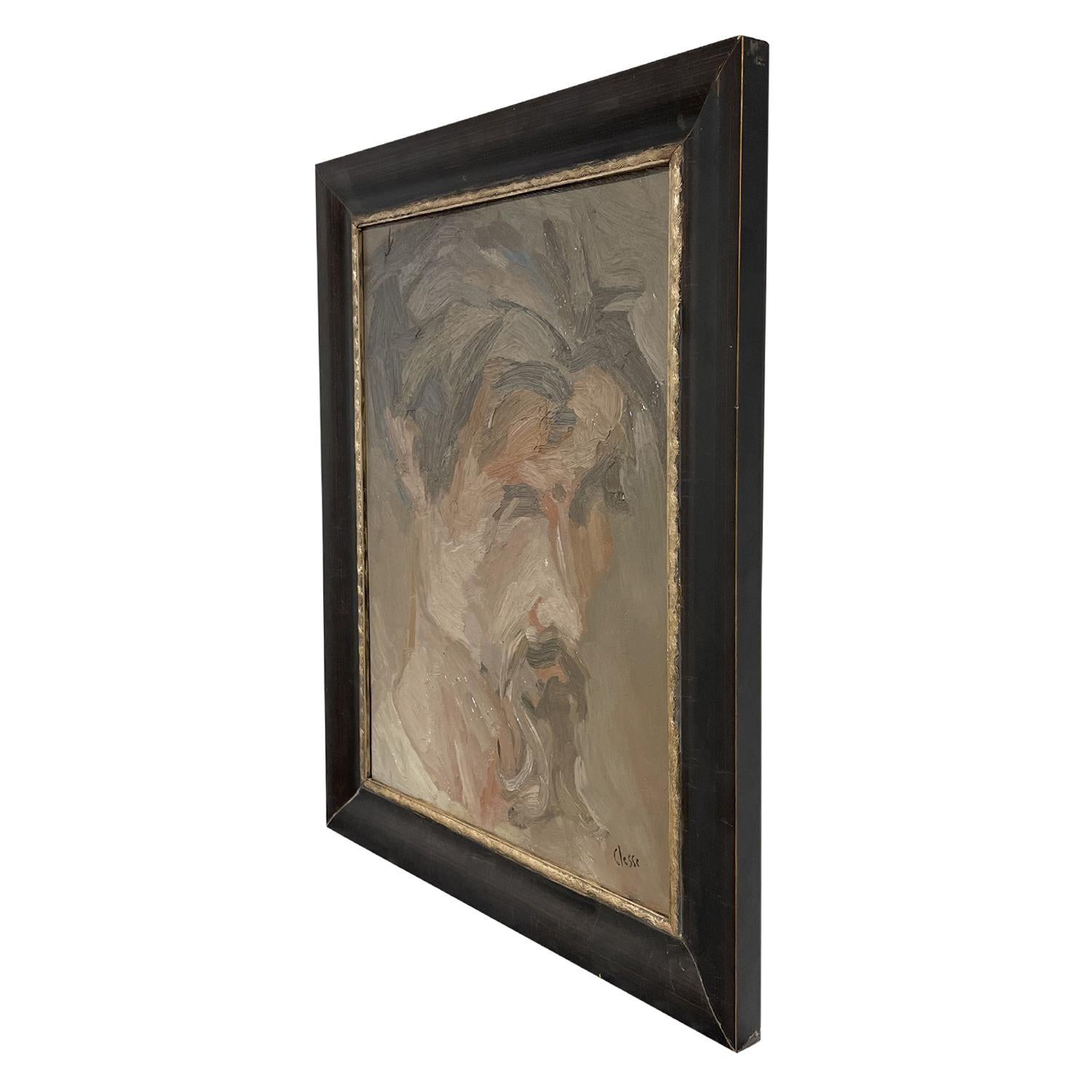 Mid-Century Modern Peinture à l'huile d'un autoportrait français du 20e siècle, marron clair, de Daniel Clesse en vente