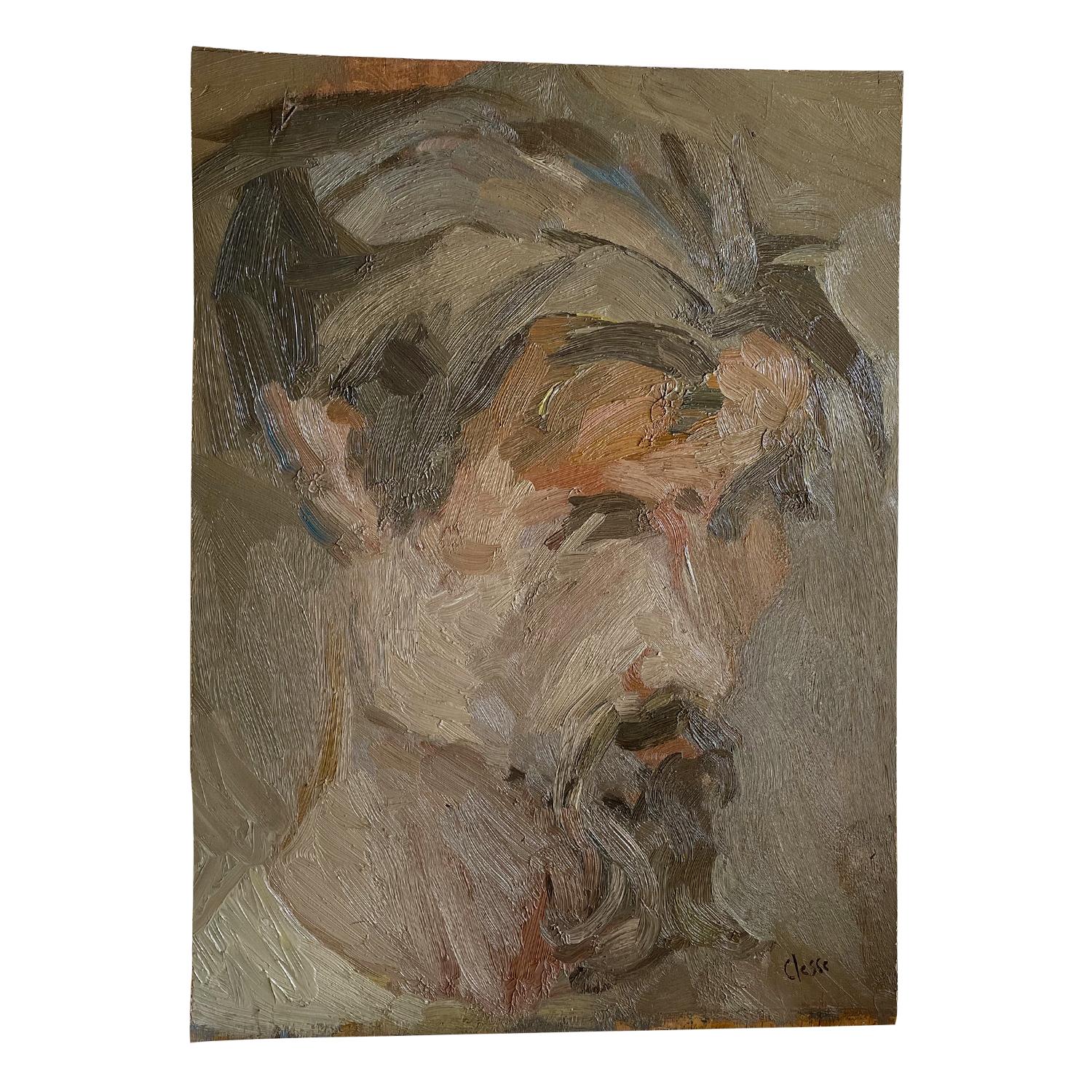Fait main Peinture à l'huile d'un autoportrait français du 20e siècle, marron clair, de Daniel Clesse en vente