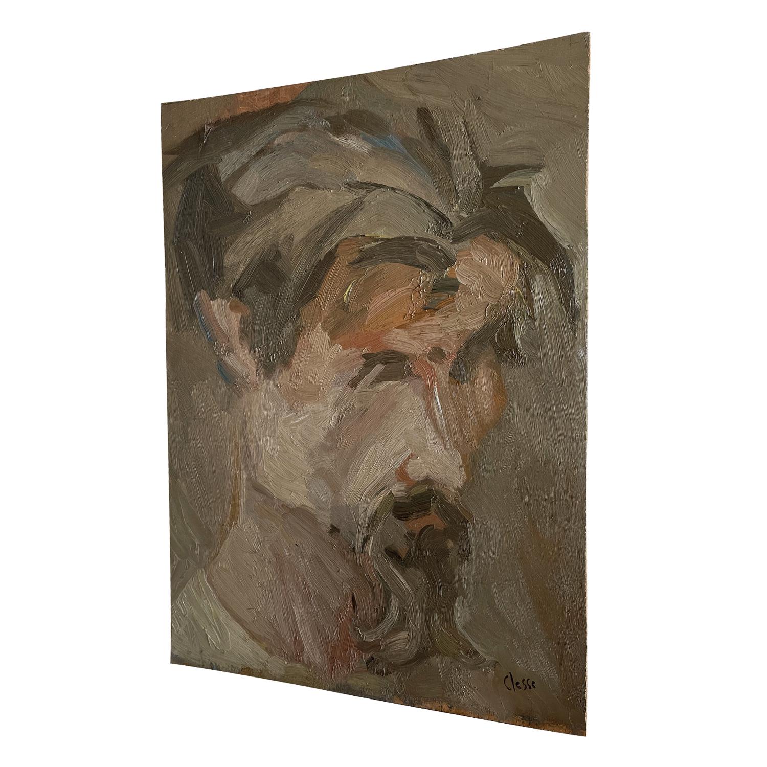 Wood 20th Century Light-Brown French Self-Portrait Oil Painting of Daniel Clesse For Sale