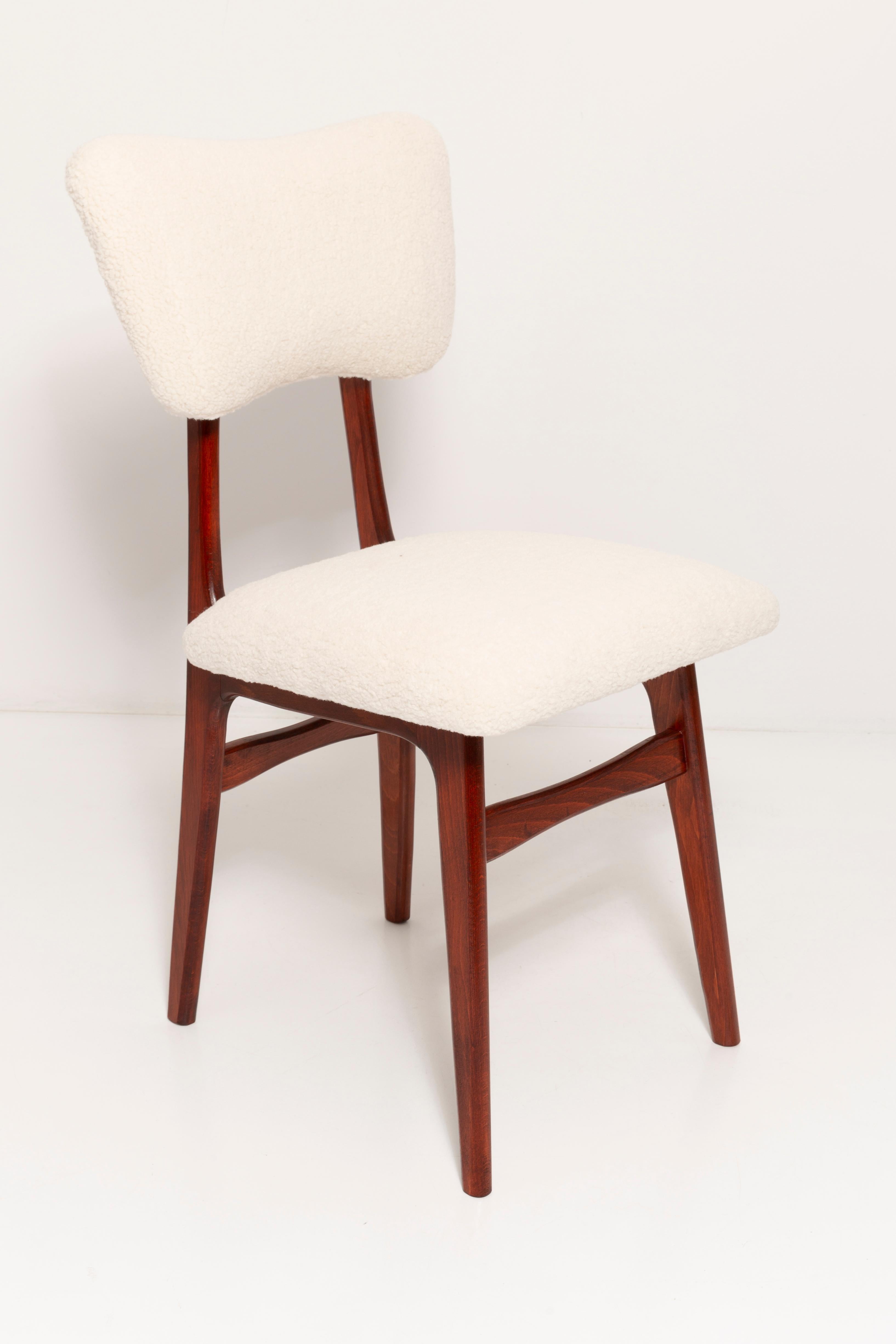 Chair designed by Prof. Rajmund Halas. Made of beechwood in cherry color. Chair is after a complete upholstery renovation; the woodwork has been refreshed. Seat and back is dressed in crème, durable and pleasant to the touch bouclé fabric (color
