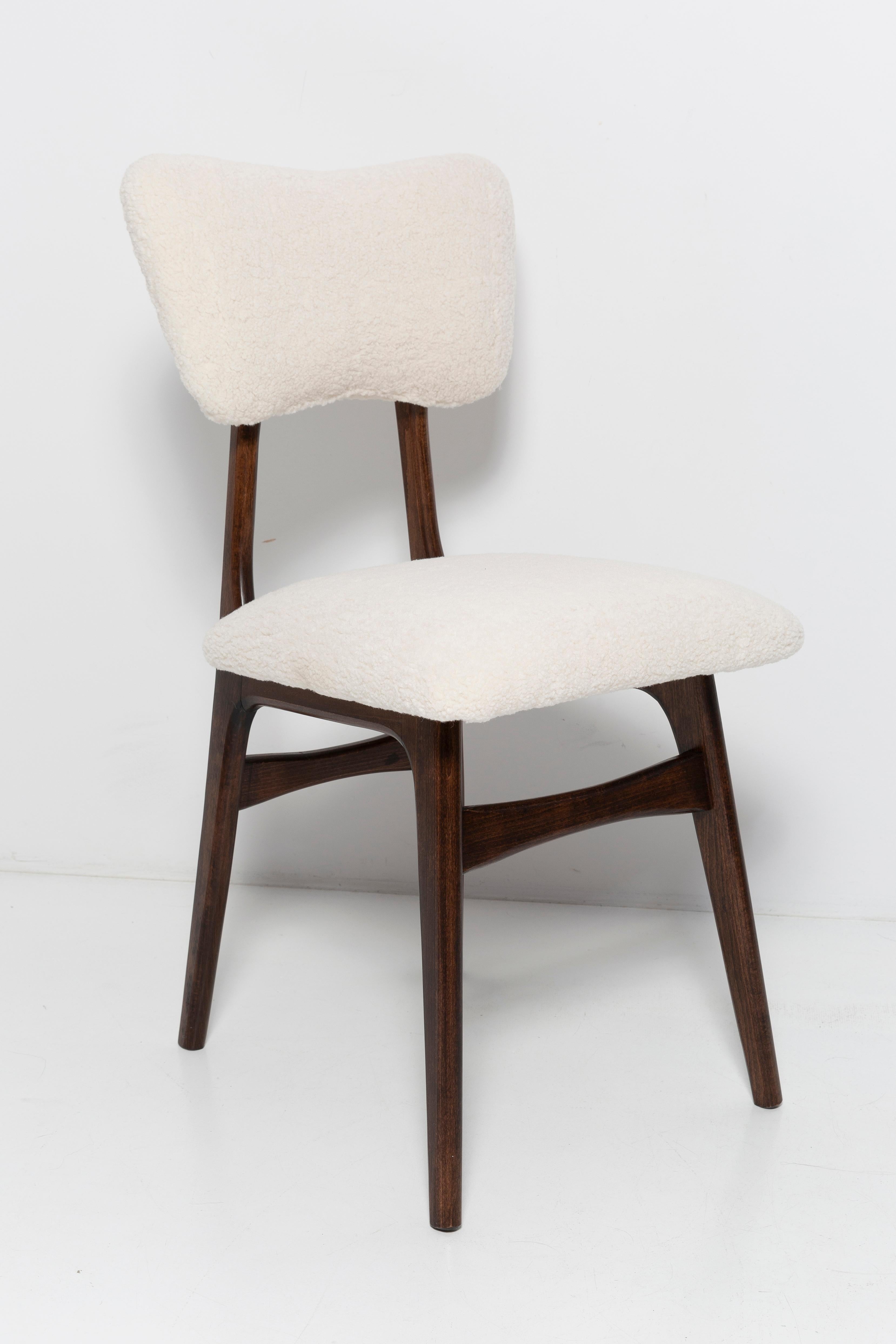 Chair designed by Prof. Rajmund Halas. Made of beechwood in walnut color. Chair is after a complete upholstery renovation; the woodwork has been refreshed. Seat and back is dressed in crème, durable and pleasant to the touch bouclé fabric (color