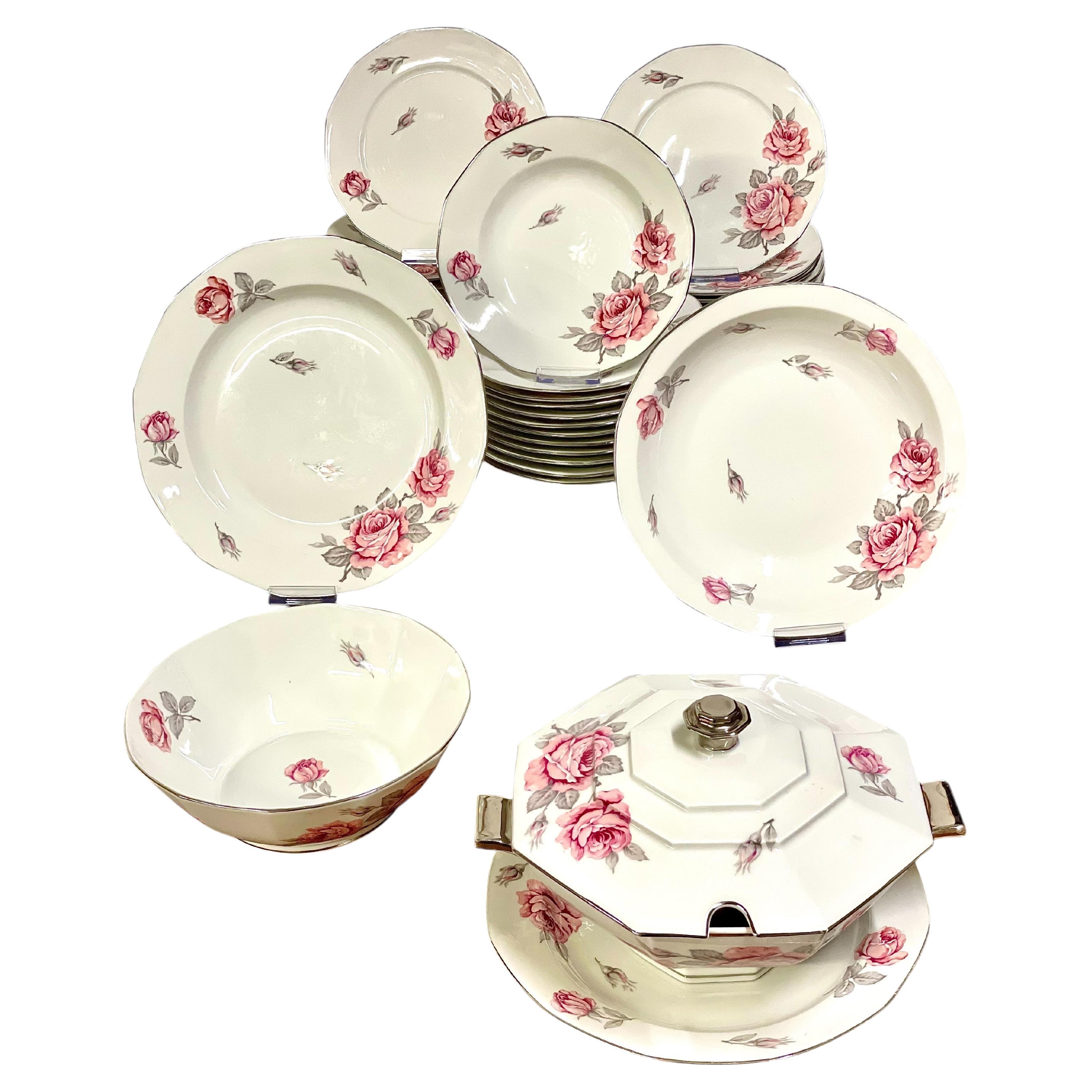 20th Century Limoges Porcelain Dinner Set for 12 with Roses Motif