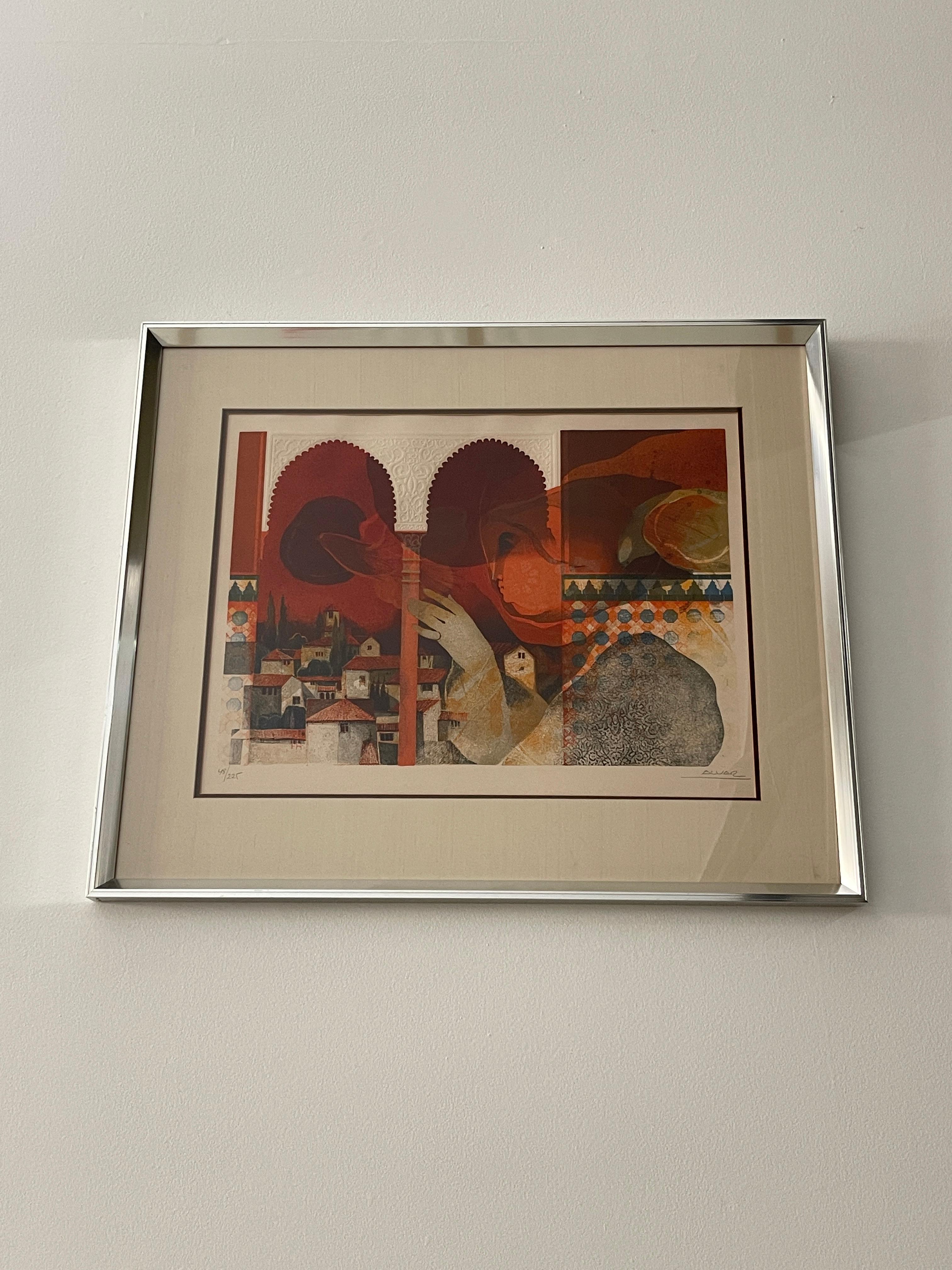 Àlvar Suñol Munoz-Ramos, also known as Alvar, is a Spanish painter, sculptor and lithographer. He is one of the few remaining living Modernist artists. Hand signed and numbered in pencil. Displayed in a chrome metal frame. Circa 1960s.