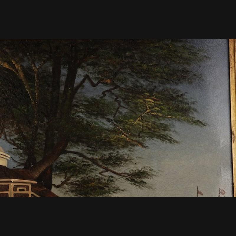 Dipinto a mano Pittura ad olio vivente del 20° secolo: Café ad Adalia, Turchia asiatica in vendita