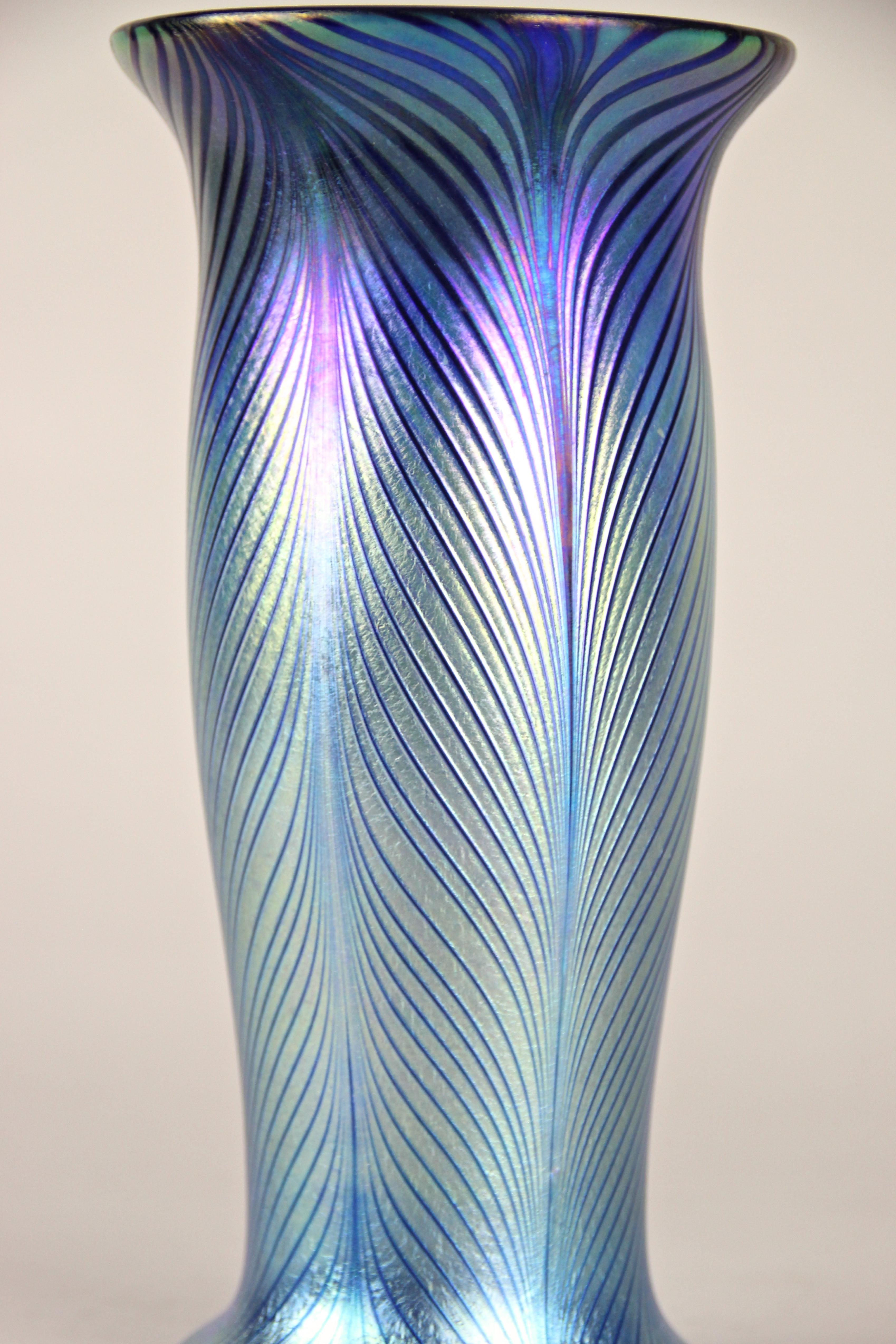 Czech 20th Century Loetz Witwe Glass Vase with Feather Decor Iriscident, CZ circa 1905