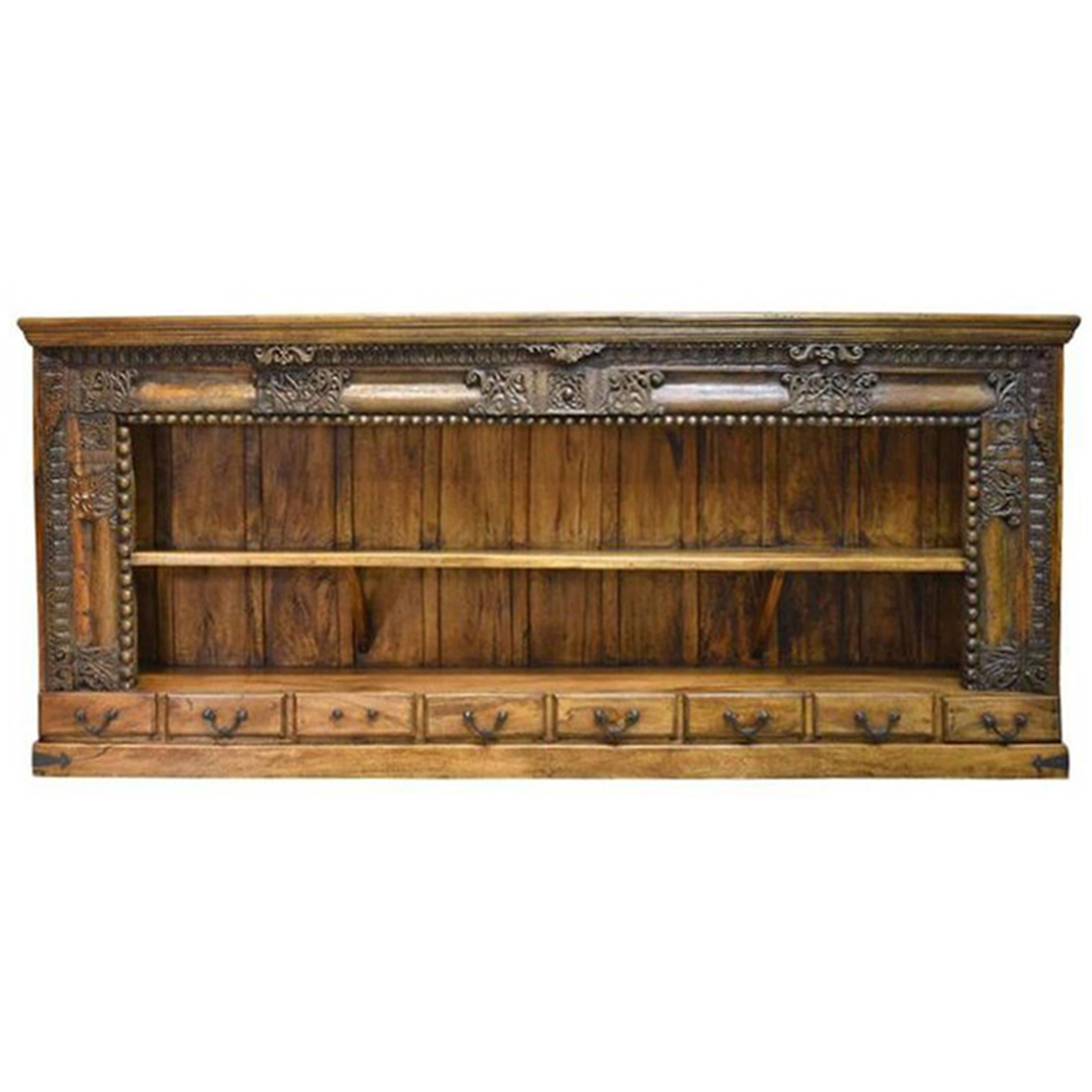 20th Century Long Open Asian Bookcase in Teak with Carved Foliage and Flowers