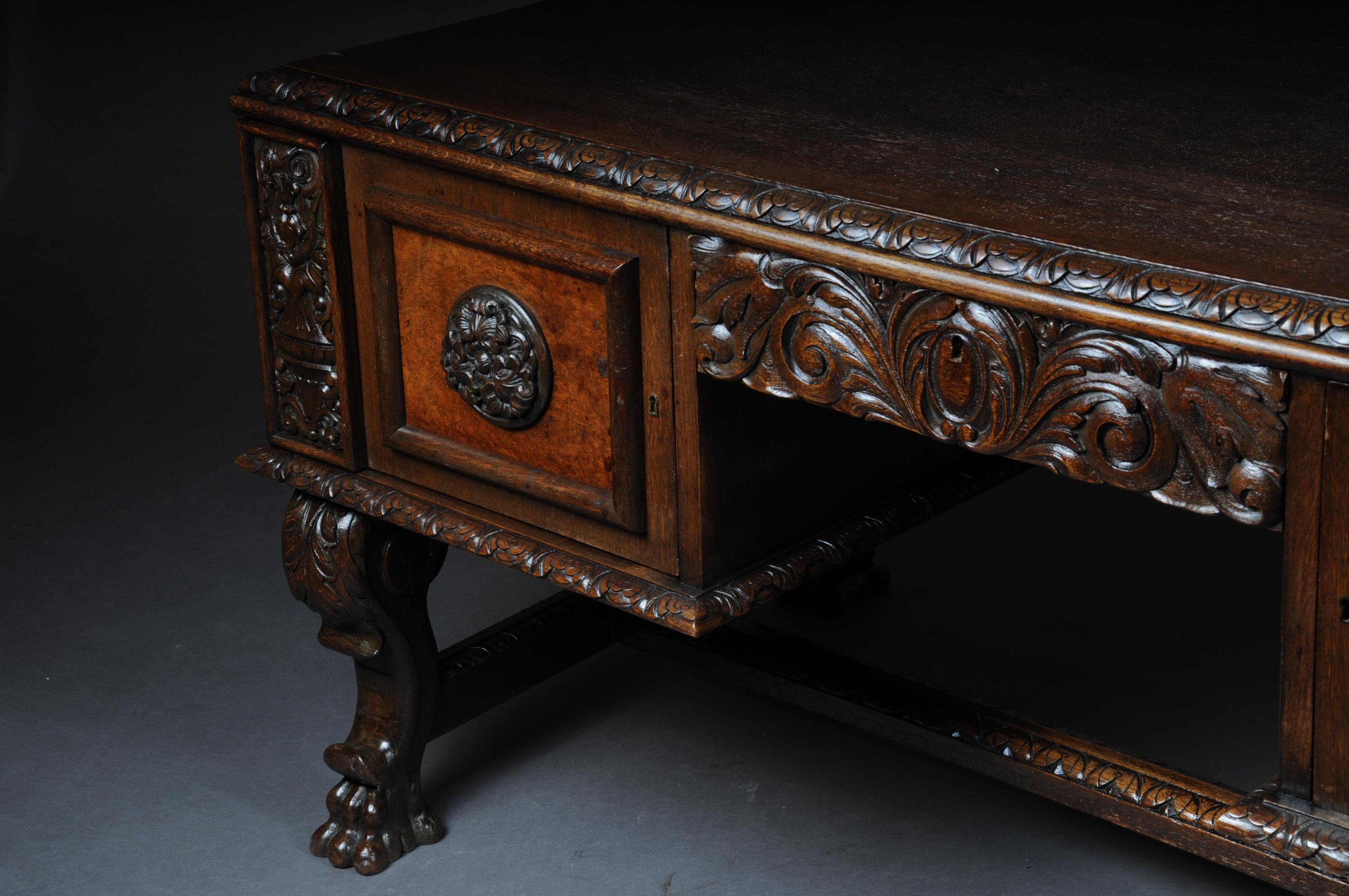 20th Century Lordly Historicism Desk Solid Oak with Walnut Veneer For Sale 6