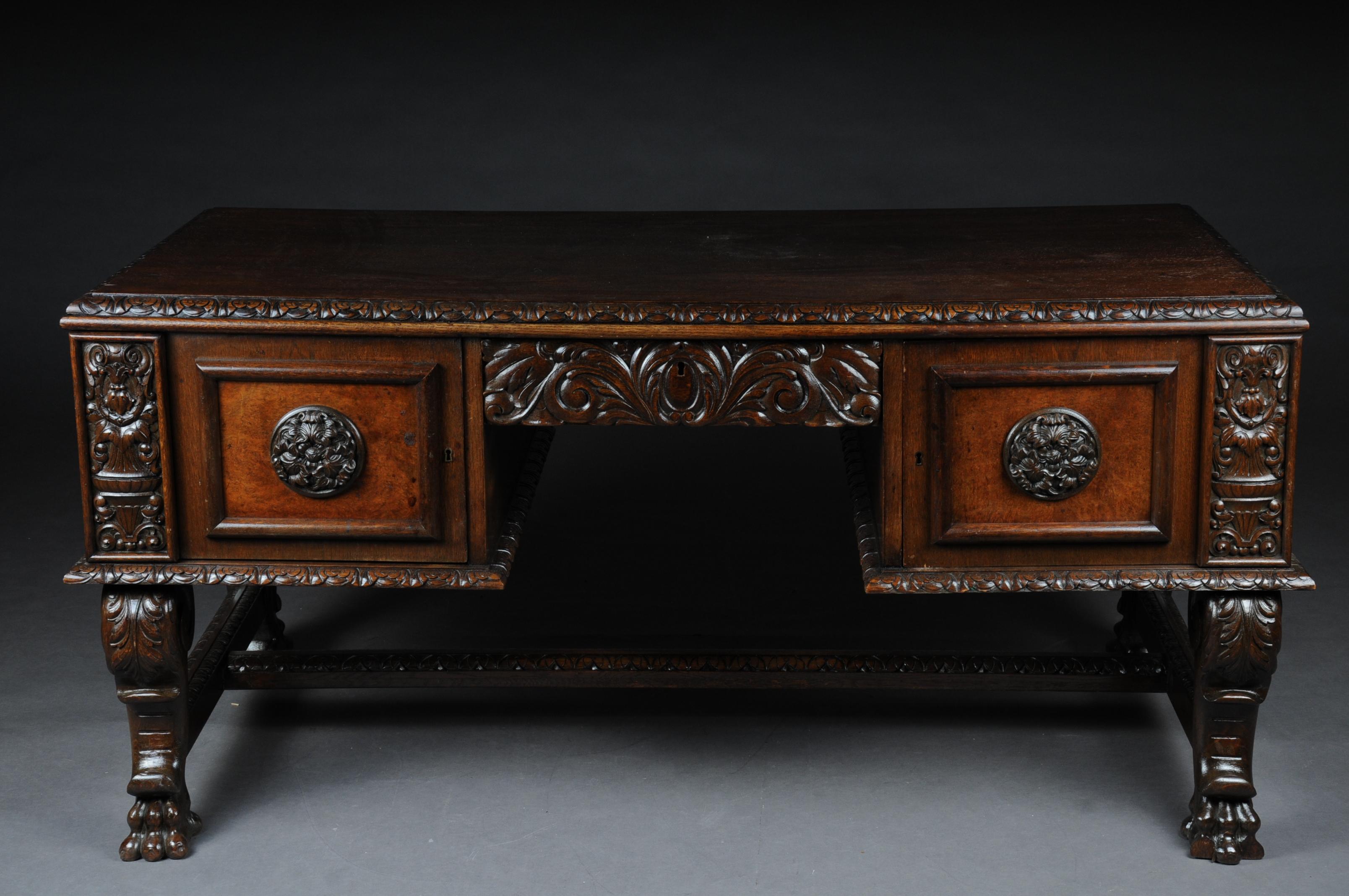 20th Century Lordly Historicism Desk Solid Oak with Walnut Veneer For Sale 9