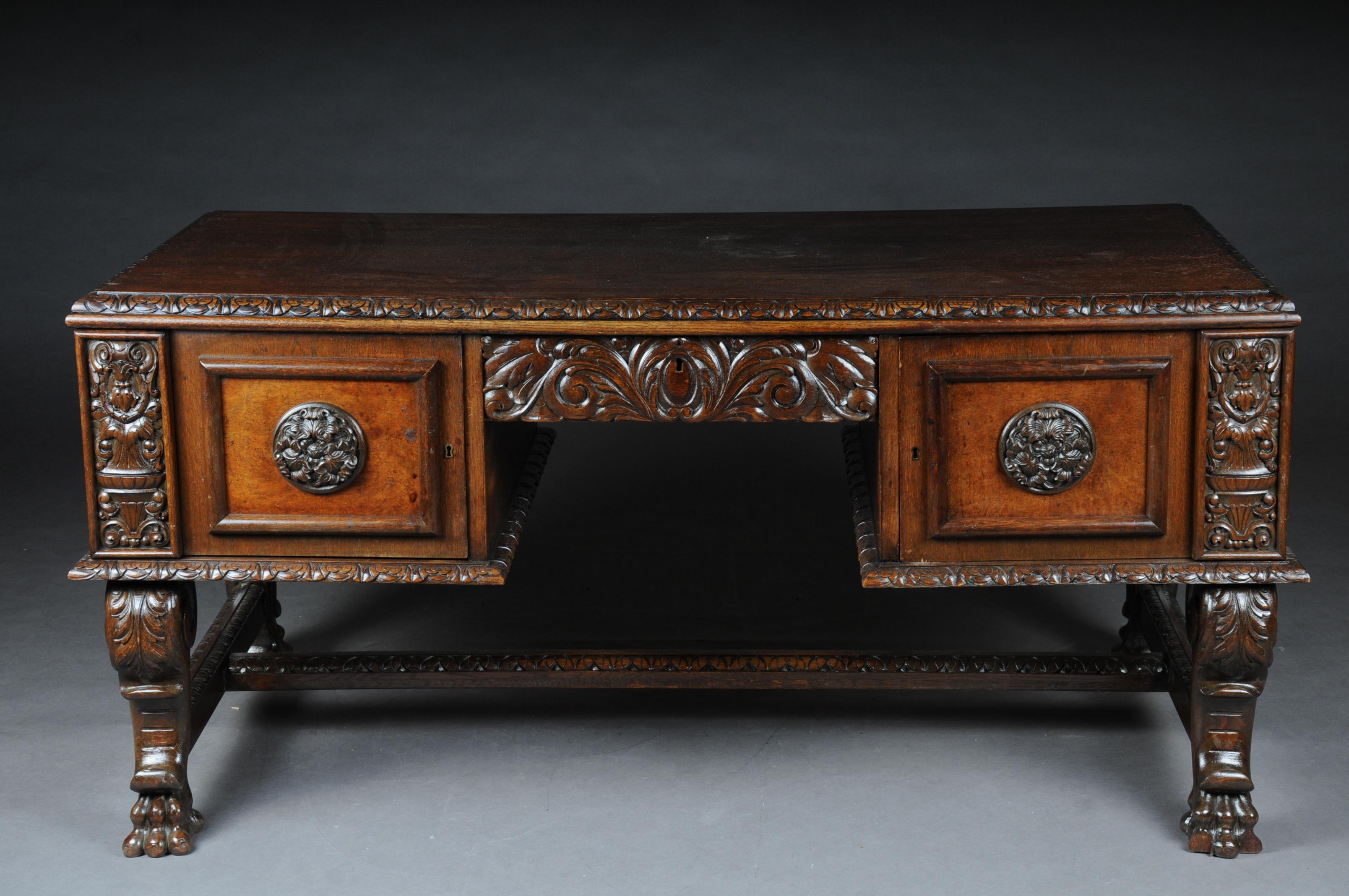 20th Century Lordly Historicism Desk Solid Oak with Walnut Veneer For Sale 10