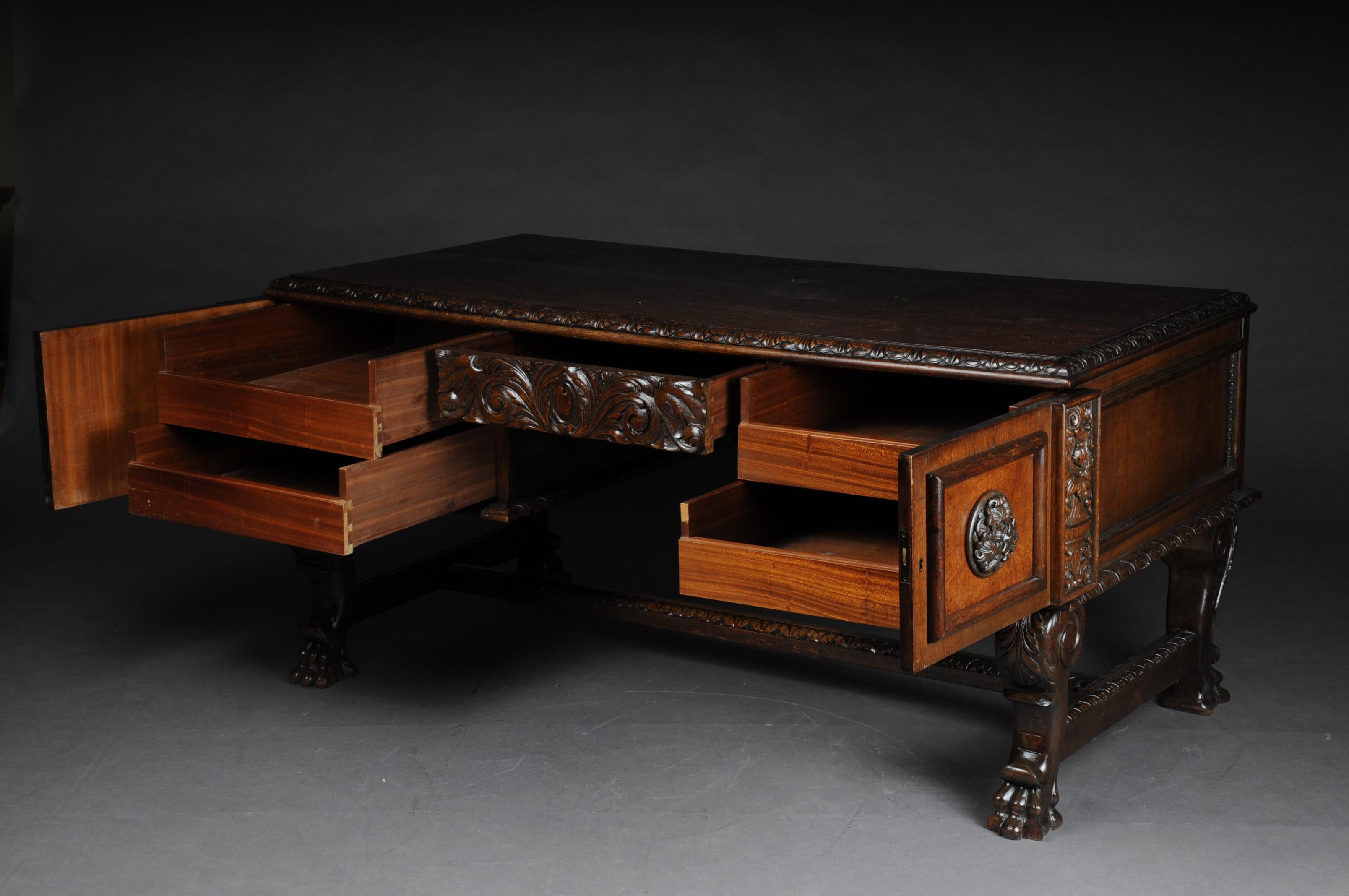 20th Century Lordly Historicism Desk Solid Oak with Walnut Veneer For Sale 3