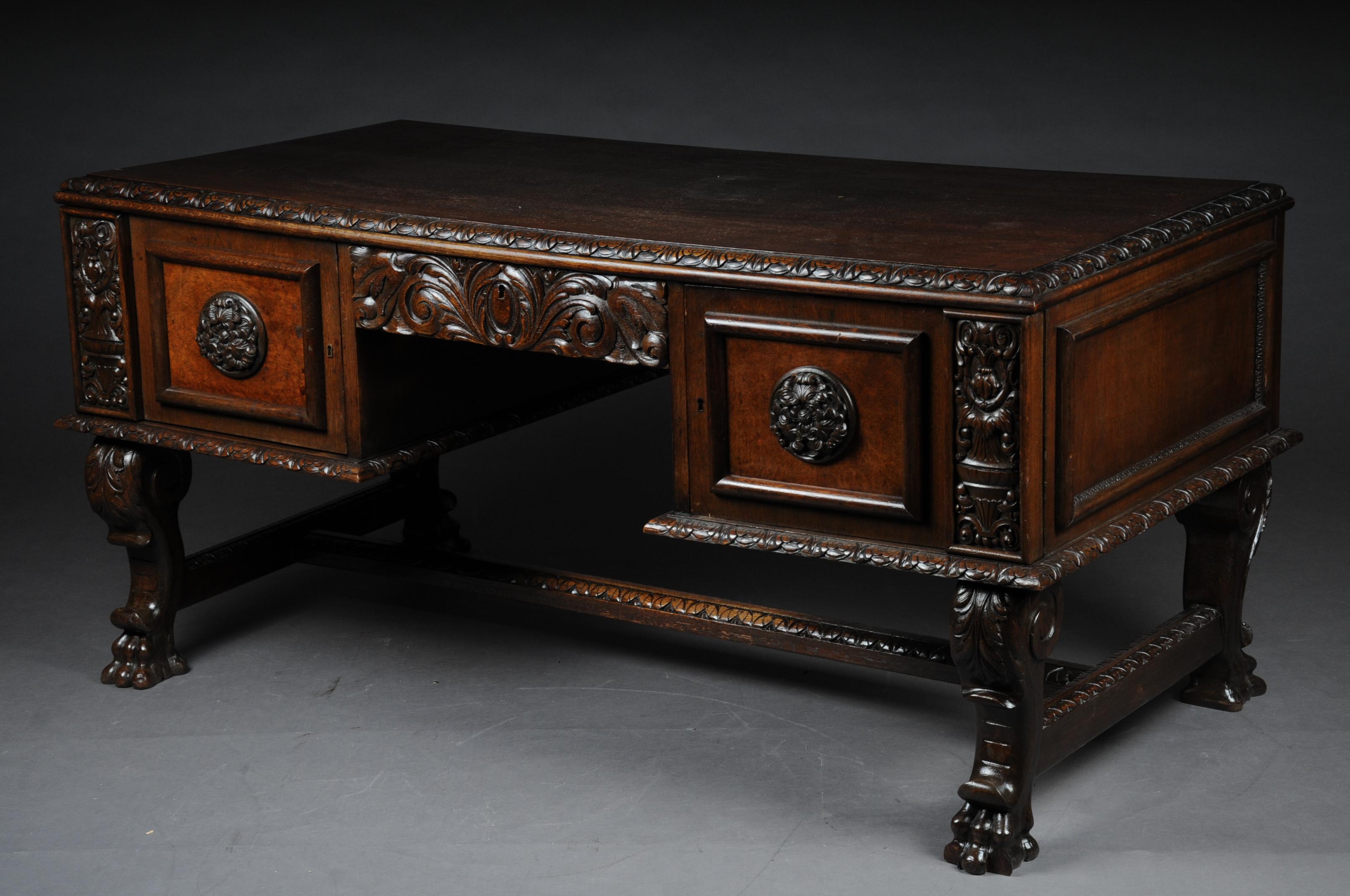 20th Century Lordly Historicism Desk Solid Oak with Walnut Veneer For Sale 4