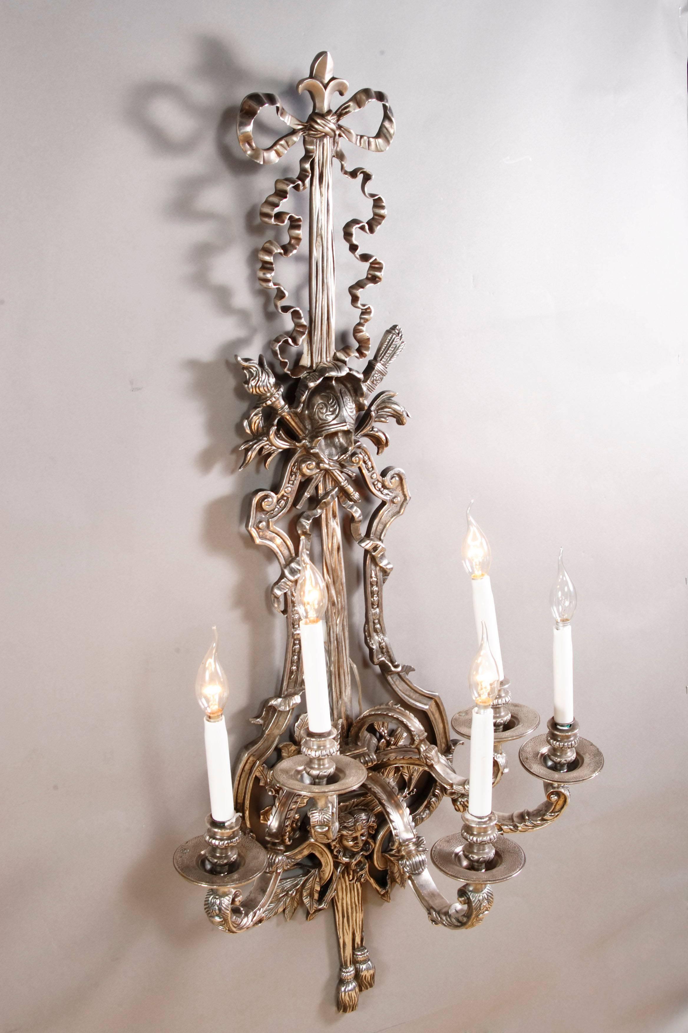 Silvered 20th Century Louis XVI Style Five-Flamed-Light Applique For Sale
