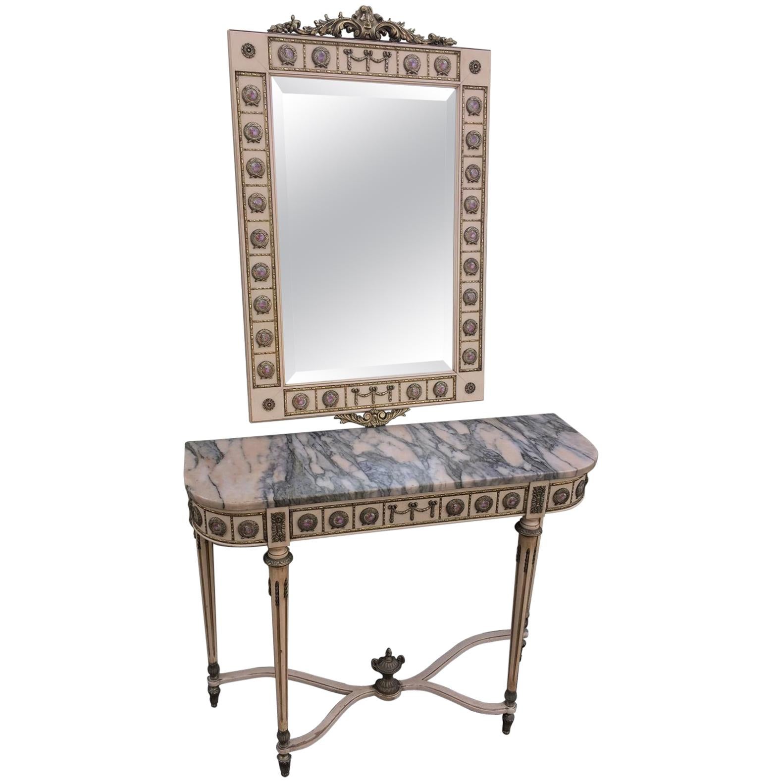 20th Century Louis Philippe Style Wood & Ceramic Console Table & Matching Mirror
