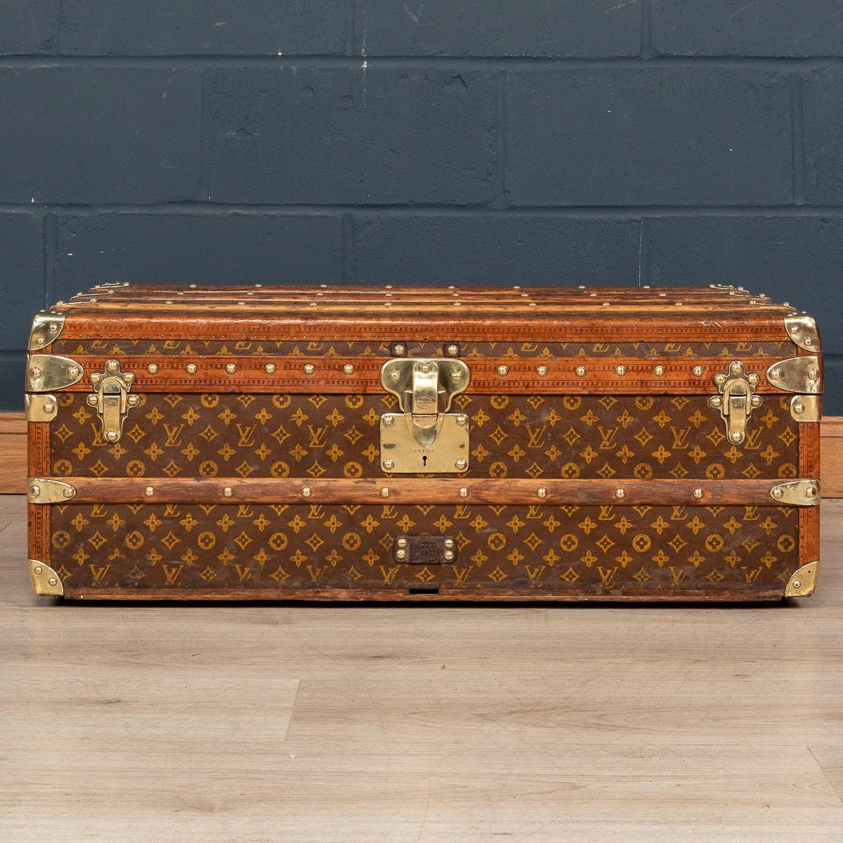 This example is a Louis Vuitton trunk that dates to around 1910. It is covered in the world famous LV monogrammed canvas, with its leather borders and brass fittings this trunk would have been the top of the line even at the time of purchase over