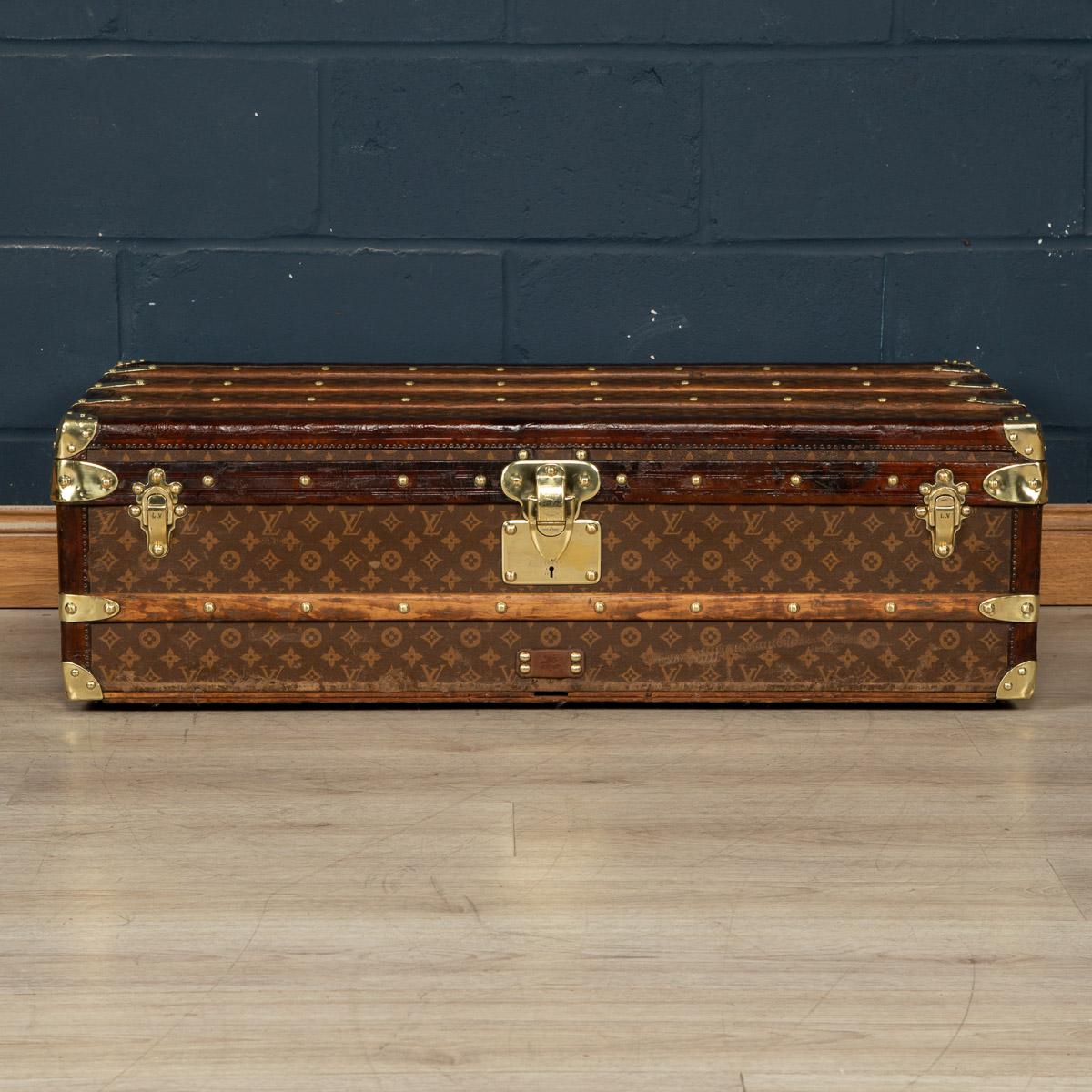 This example is a Louis Vuitton trunk that dates to around 1910. It is covered in the world famous LV monogrammed canvas, with its leather borders and brass fittings this trunk would have been the top of the line even at the time of purchase over